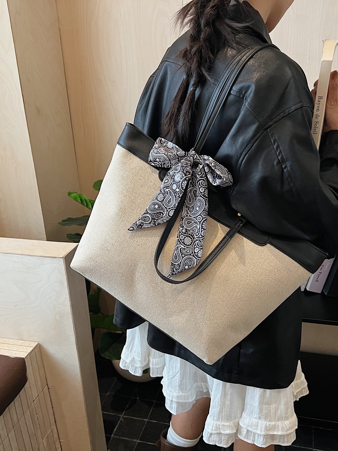 Beige Tote Bag with Paisley Scarf