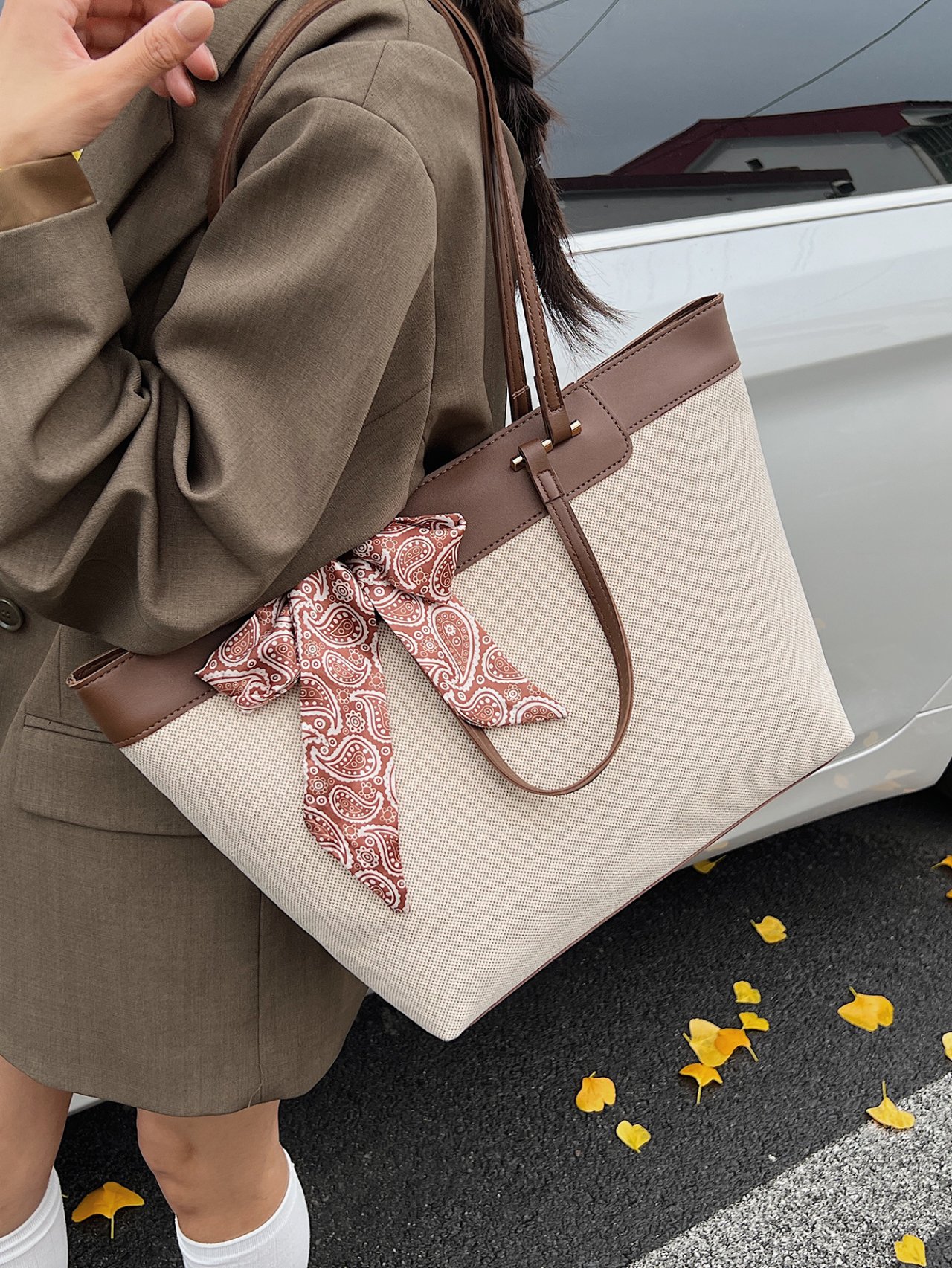 Coffee Brown Solid Tote Bag with Paisley Scarf Accent