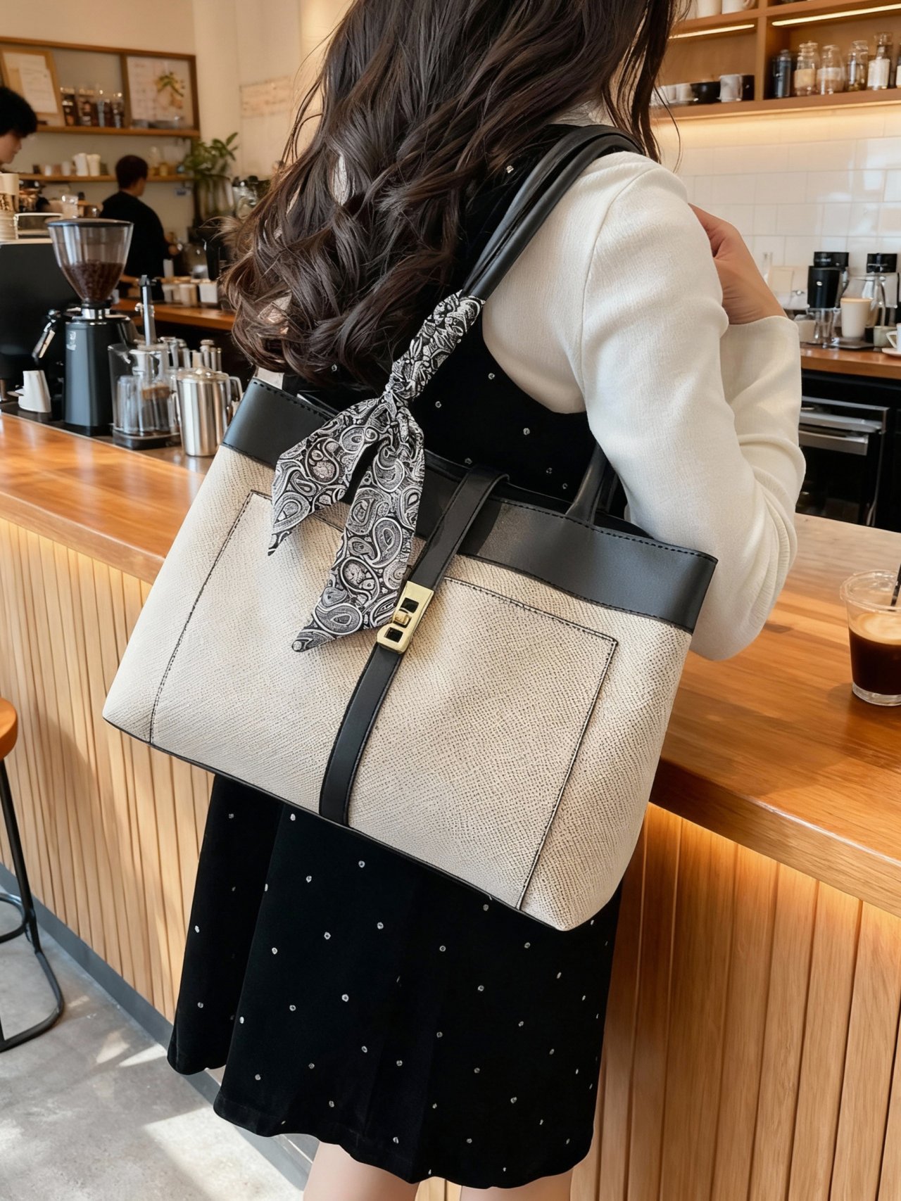 Beige Contrast Trim Shoulder Bag