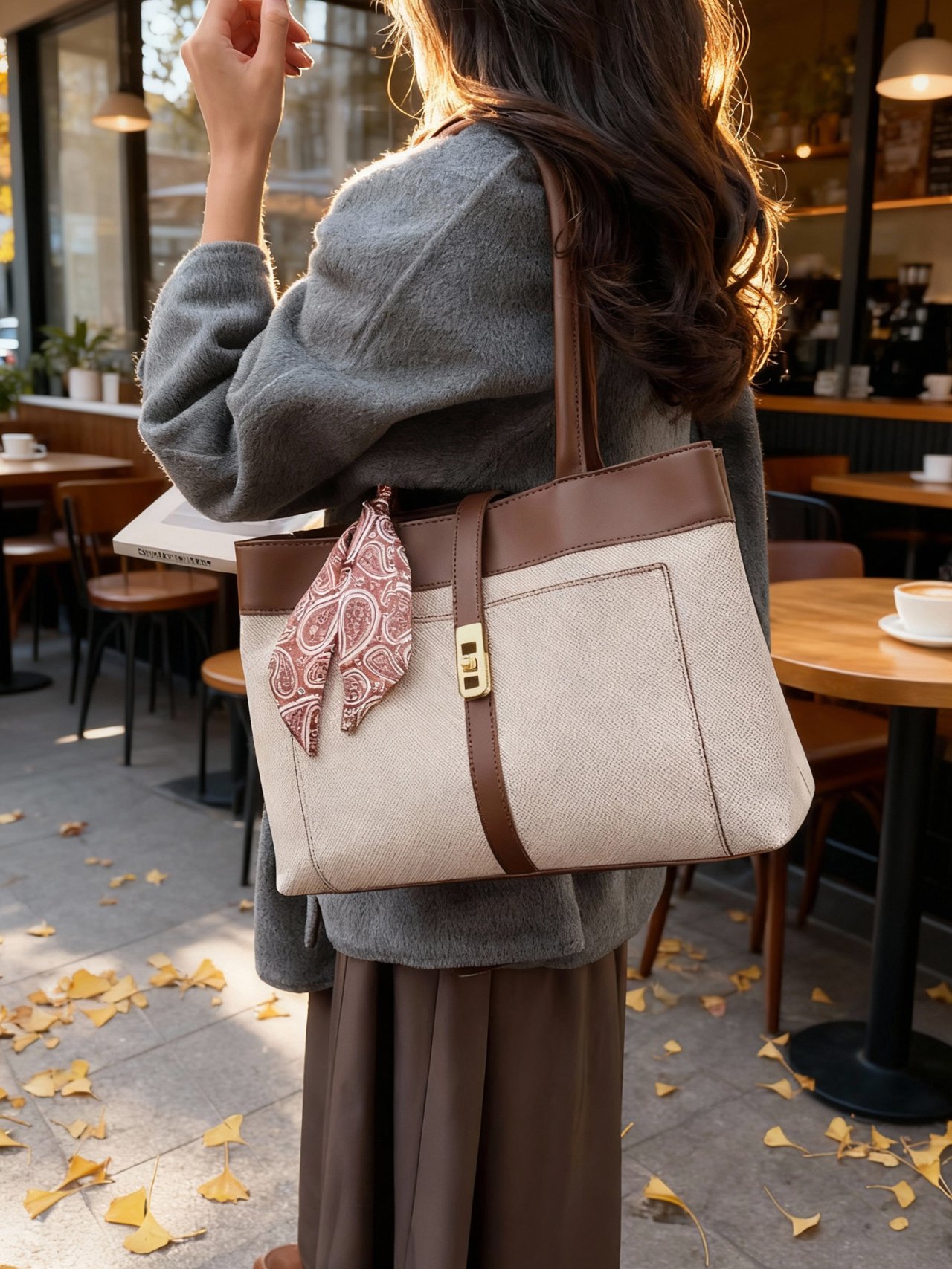 Beige Contrast Trim Shoulder Bag