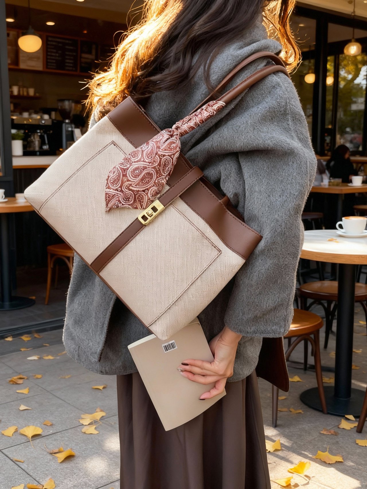 Beige Contrast Trim Shoulder Bag