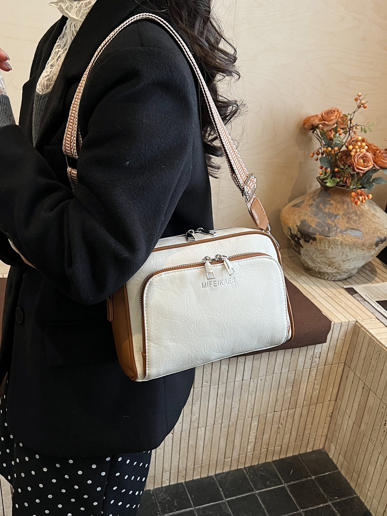 White Shoulder Bag with Brown Trim