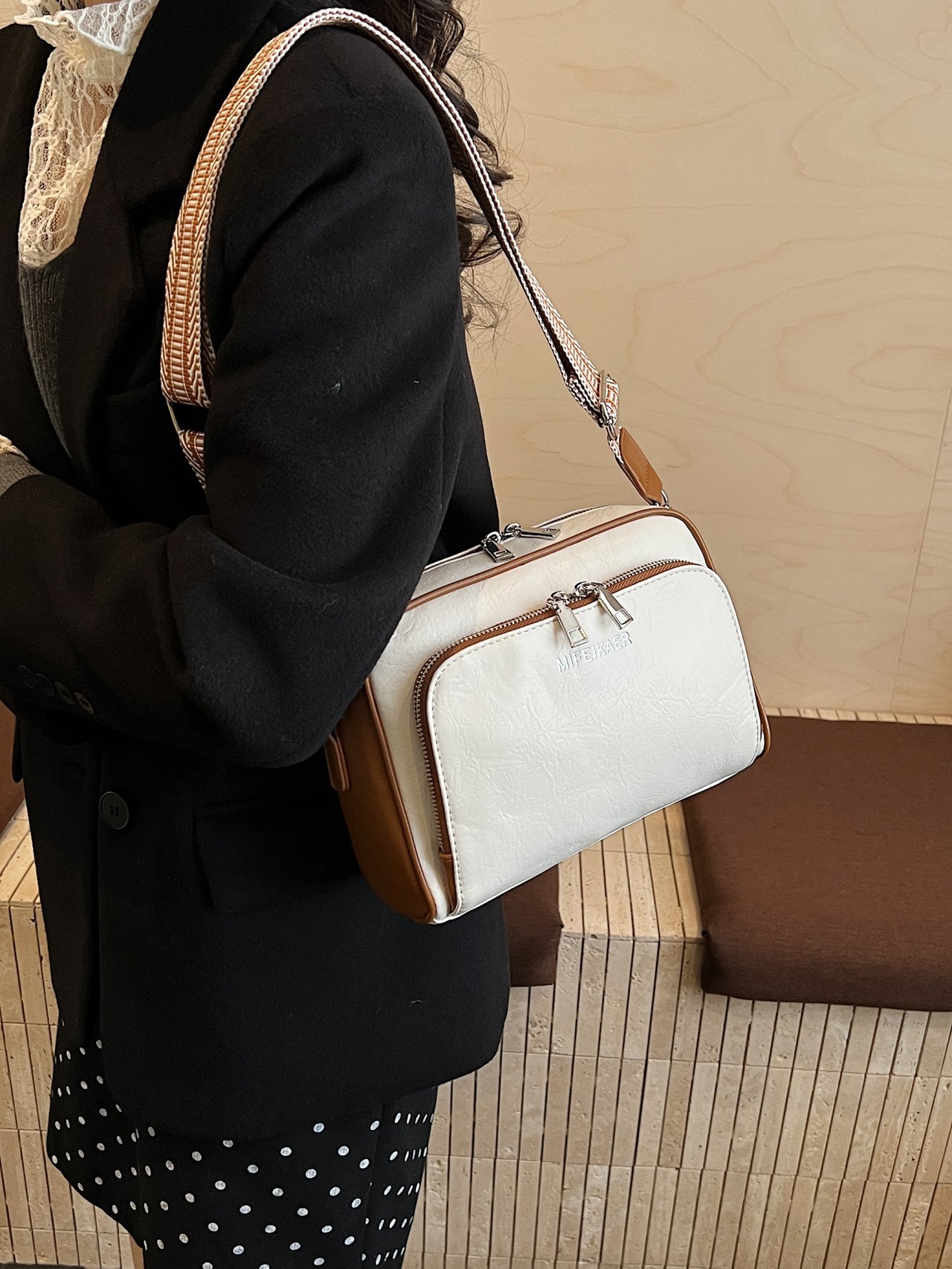 White Shoulder Bag with Brown Trim