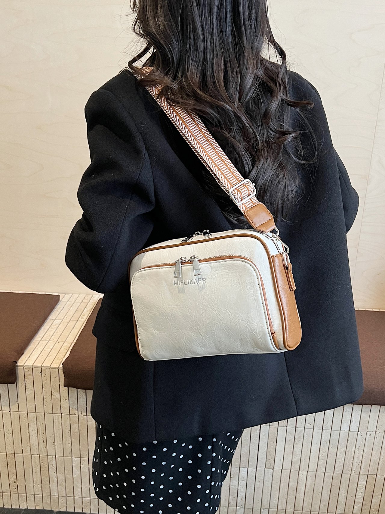 White Shoulder Bag with Brown Trim