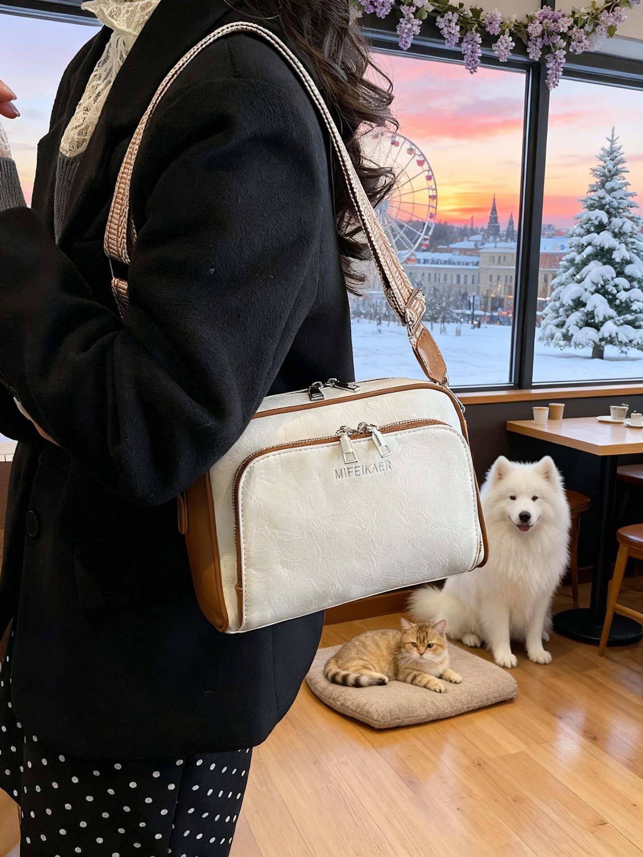 White Shoulder Bag with Brown Trim