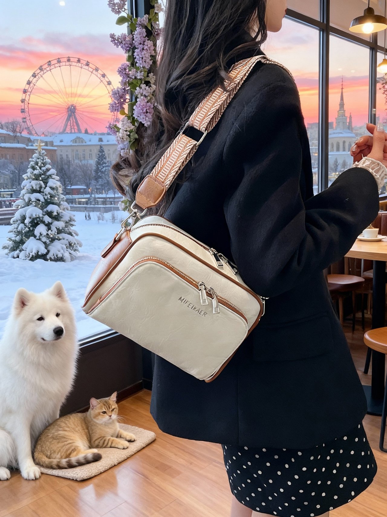 White Shoulder Bag with Brown Trim