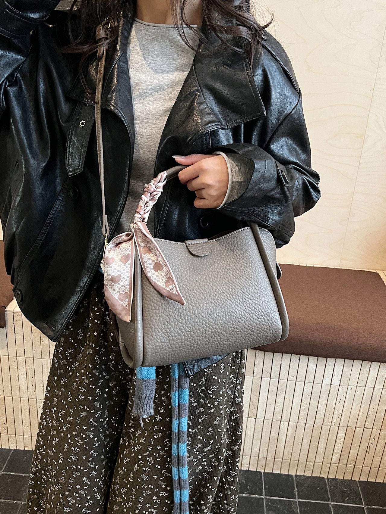 Grey Faux Leather Crossbody Bag