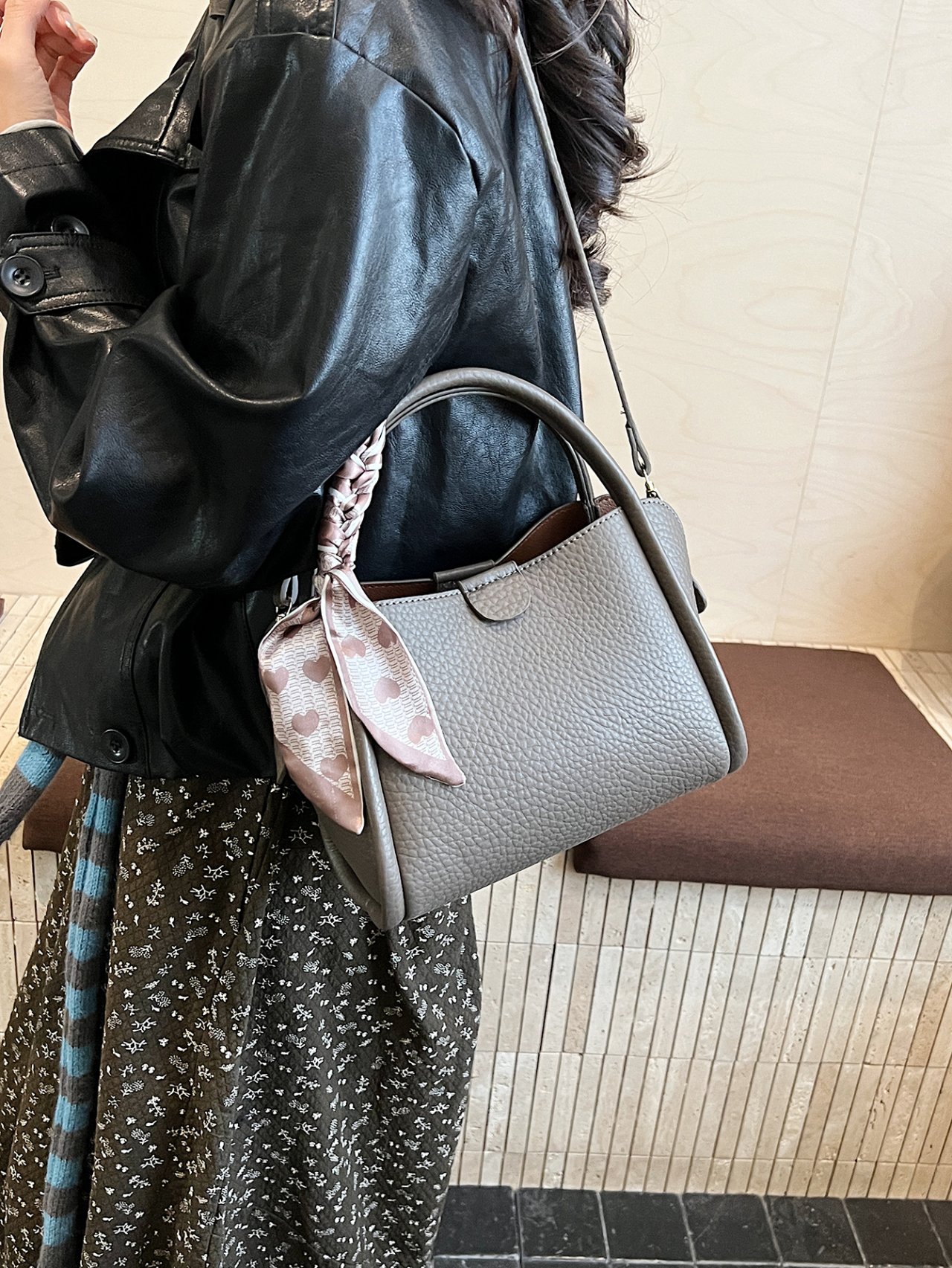 Grey Faux Leather Crossbody Bag