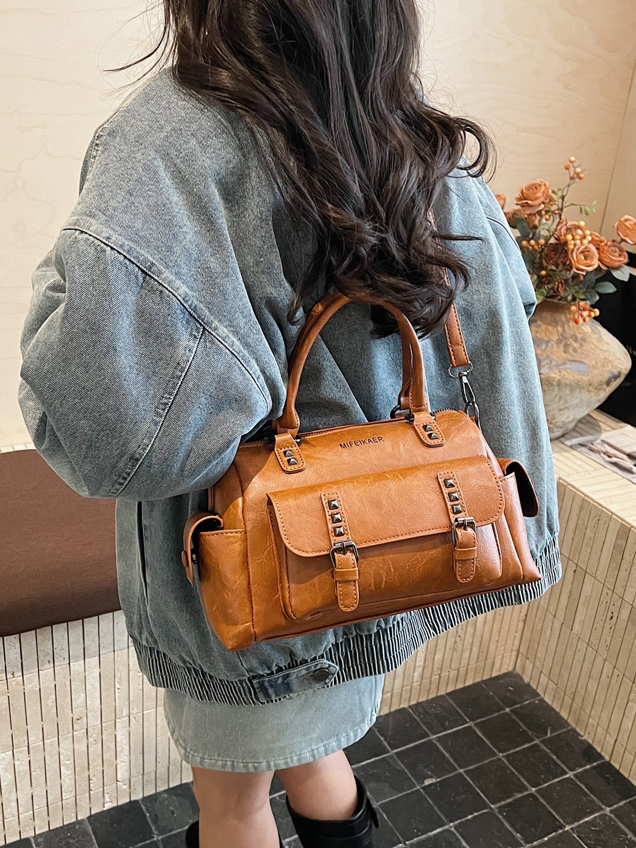 Rust Brown Handbag with Shoulder Strap
