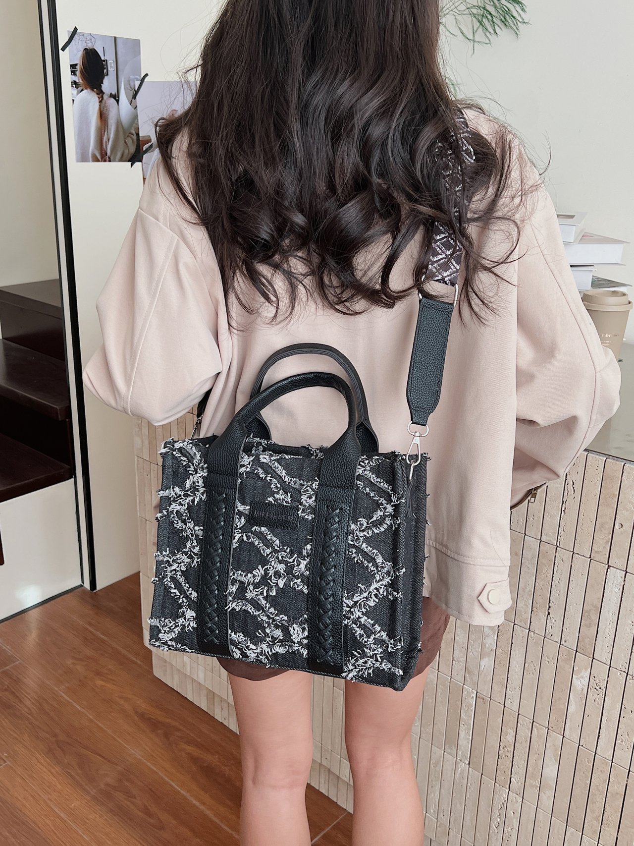 Black Patterned Tote Crossbody Bag