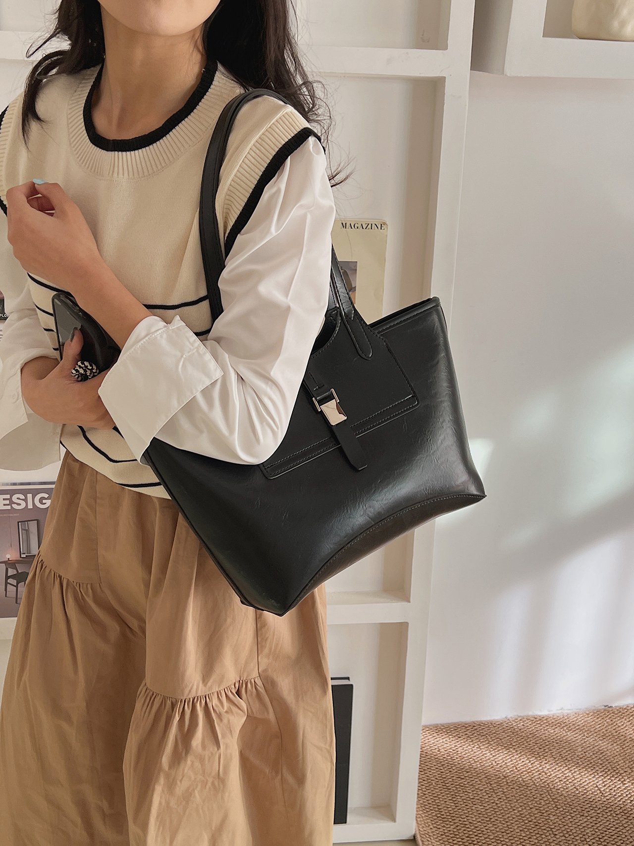 Black Faux Leather Tote Bag