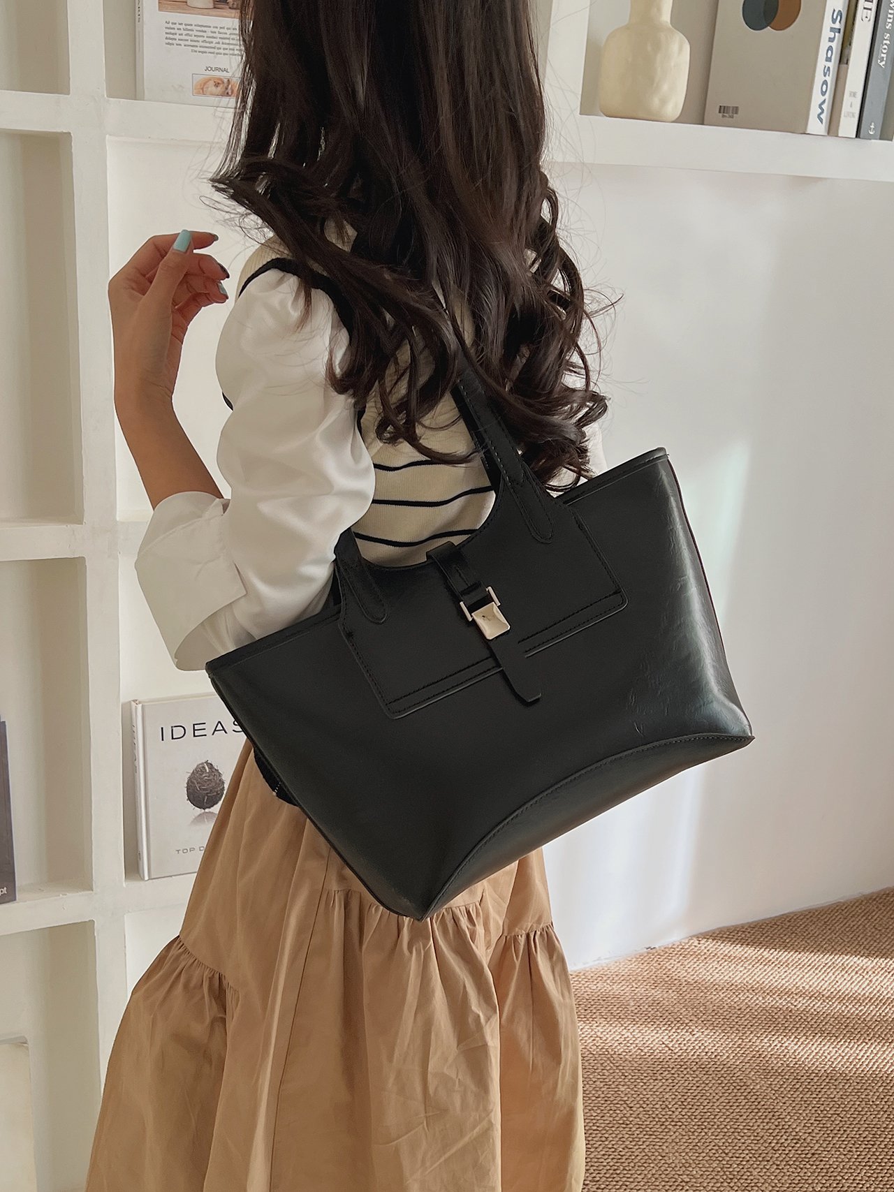 Black Faux Leather Tote Bag