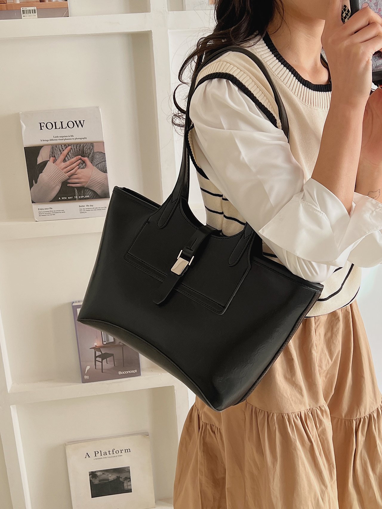 Black Faux Leather Tote Bag