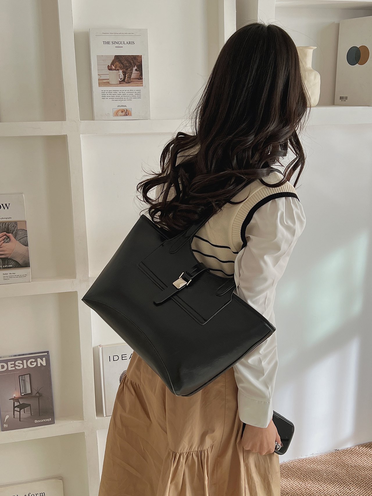 Black Faux Leather Tote Bag