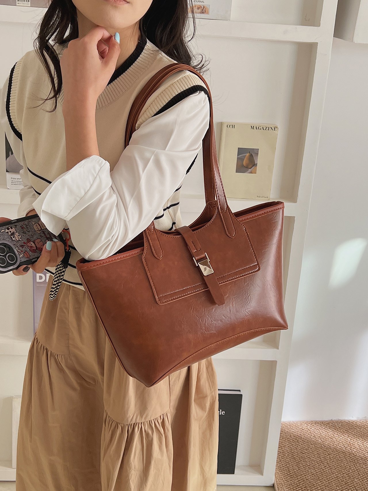 Brown Faux Leather Shoulder Bag