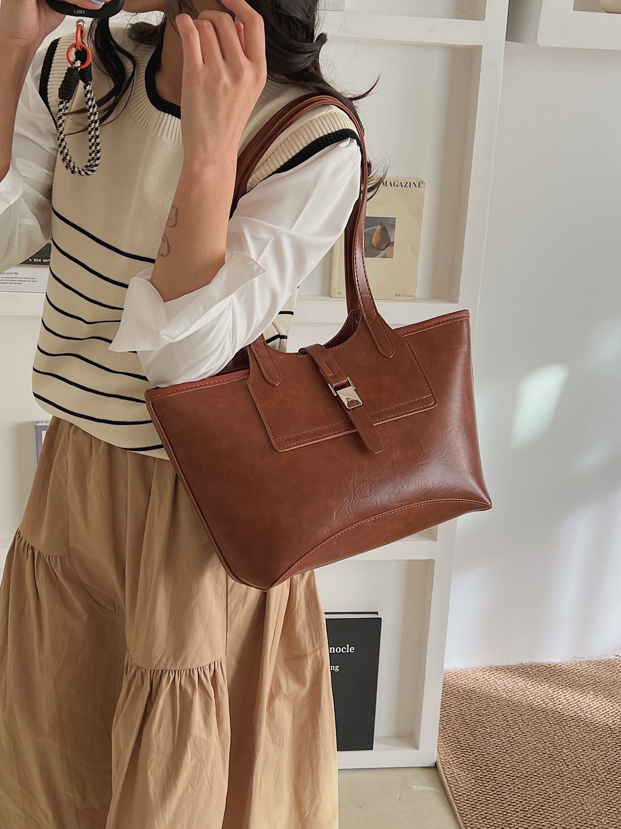 Brown Faux Leather Shoulder Bag