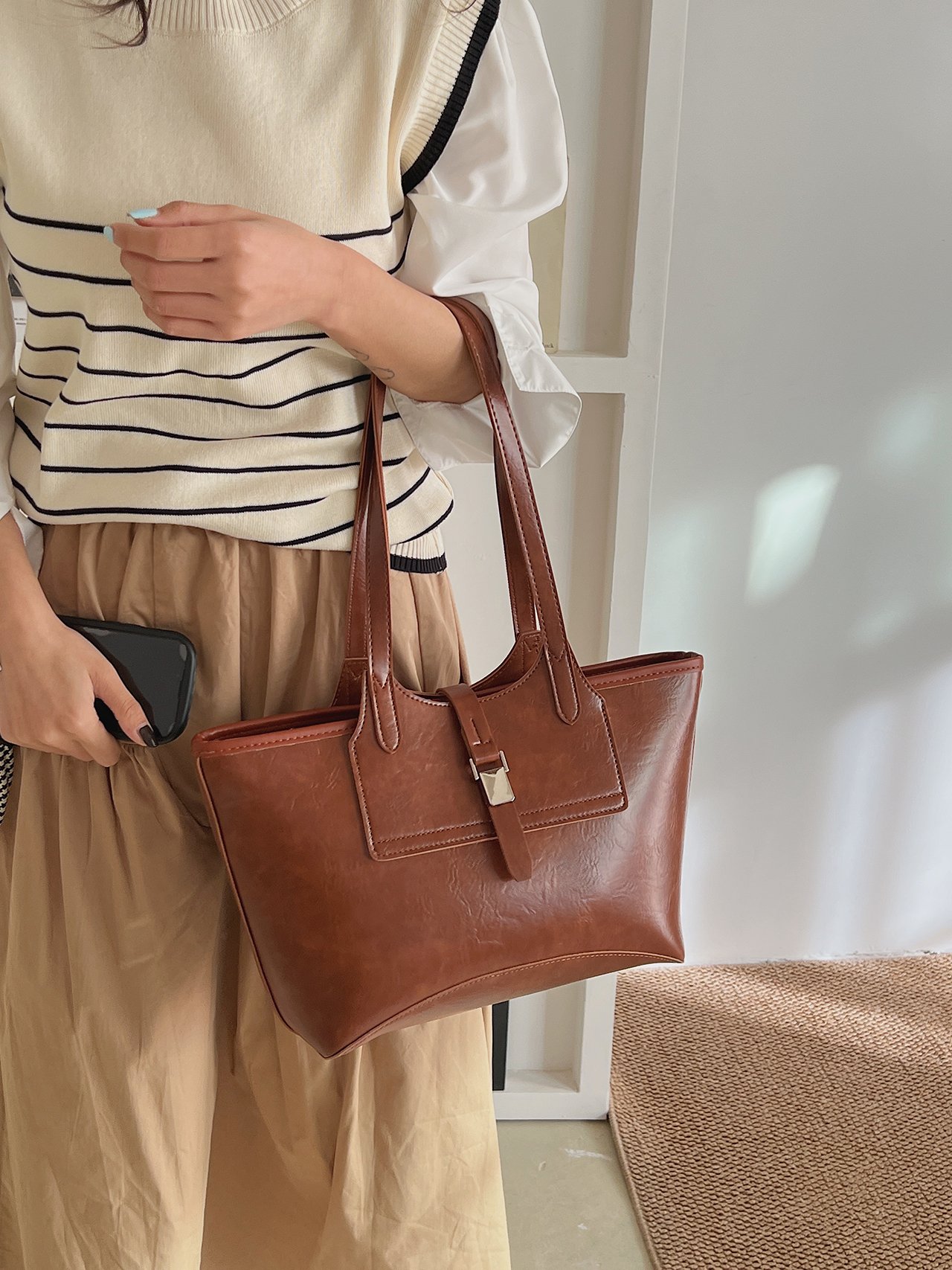 Brown Faux Leather Shoulder Bag