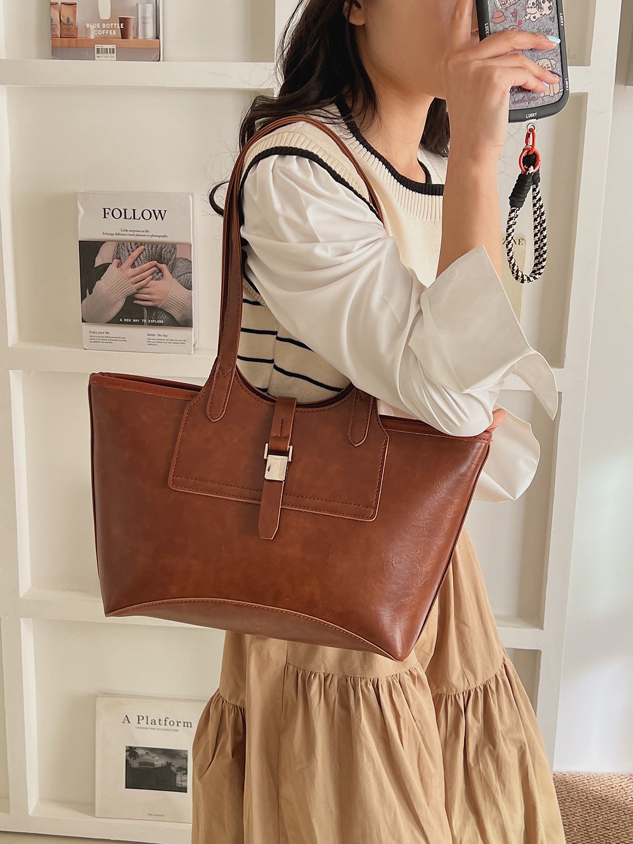 Brown Faux Leather Shoulder Bag