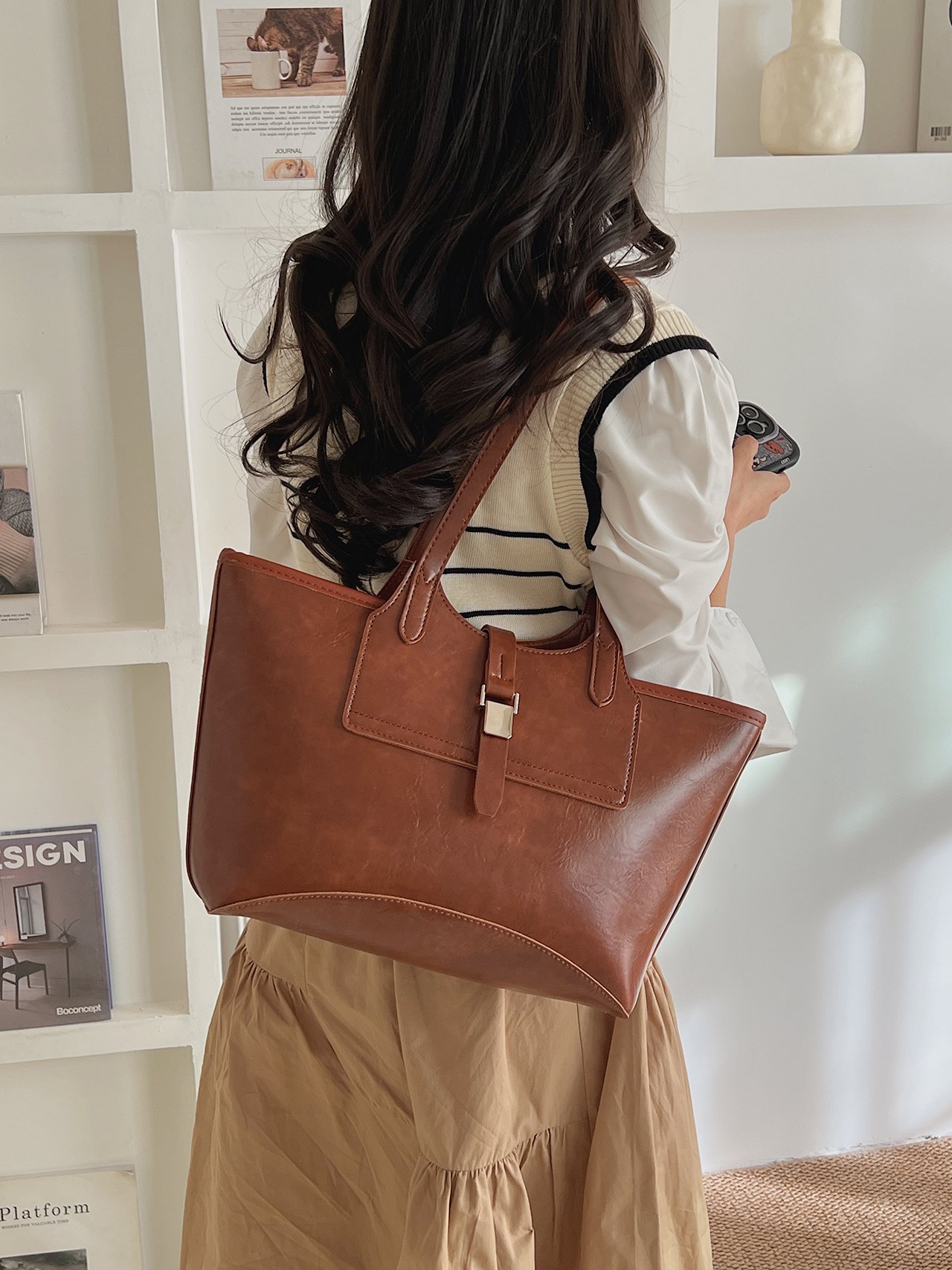 Brown Faux Leather Shoulder Bag