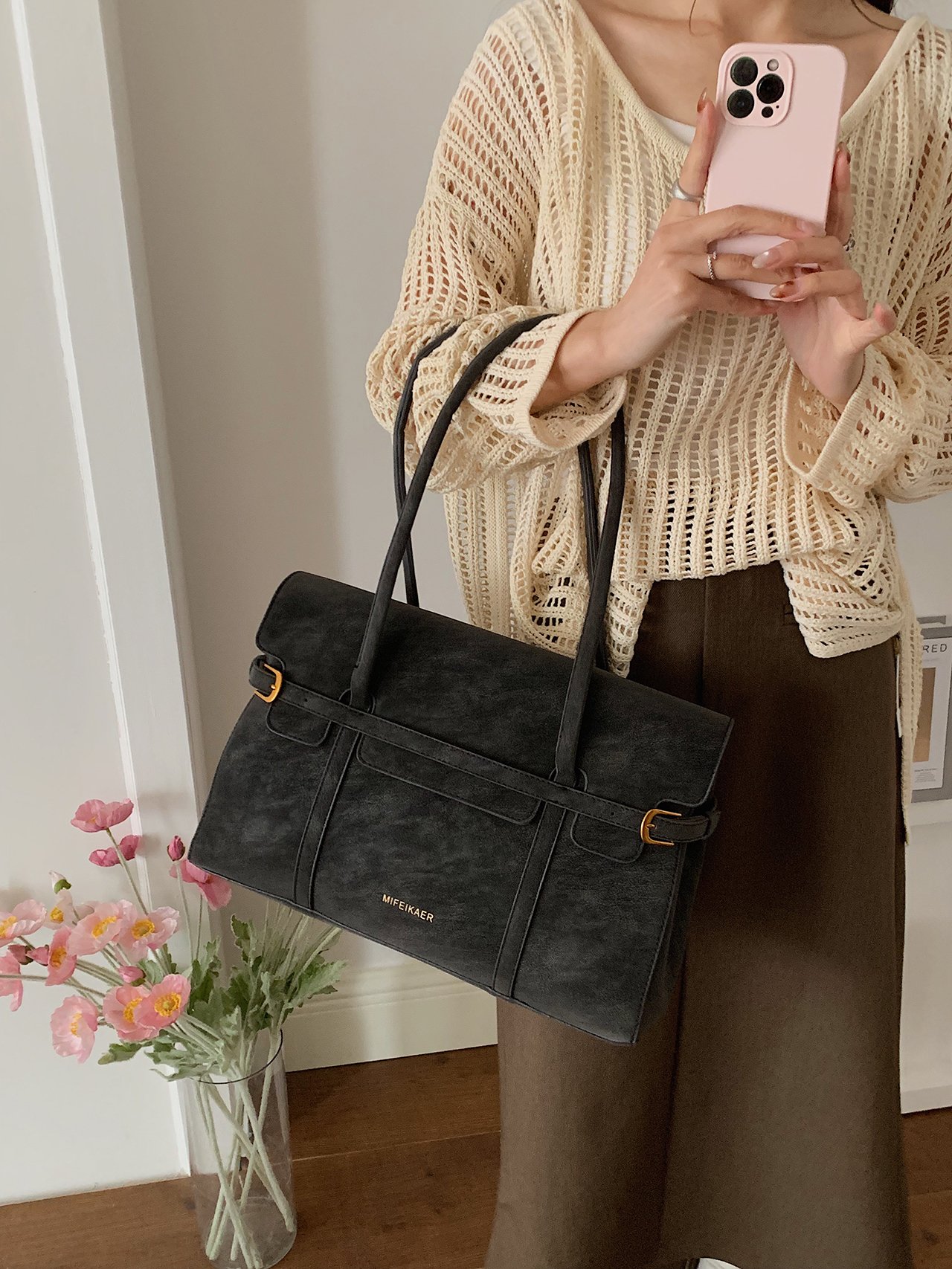 Black Solid Handbag with Buckle Detail
