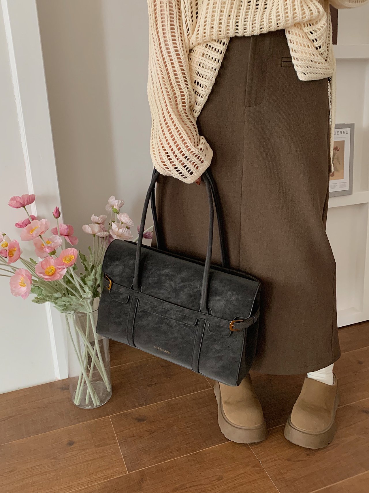 Black Solid Handbag with Buckle Detail