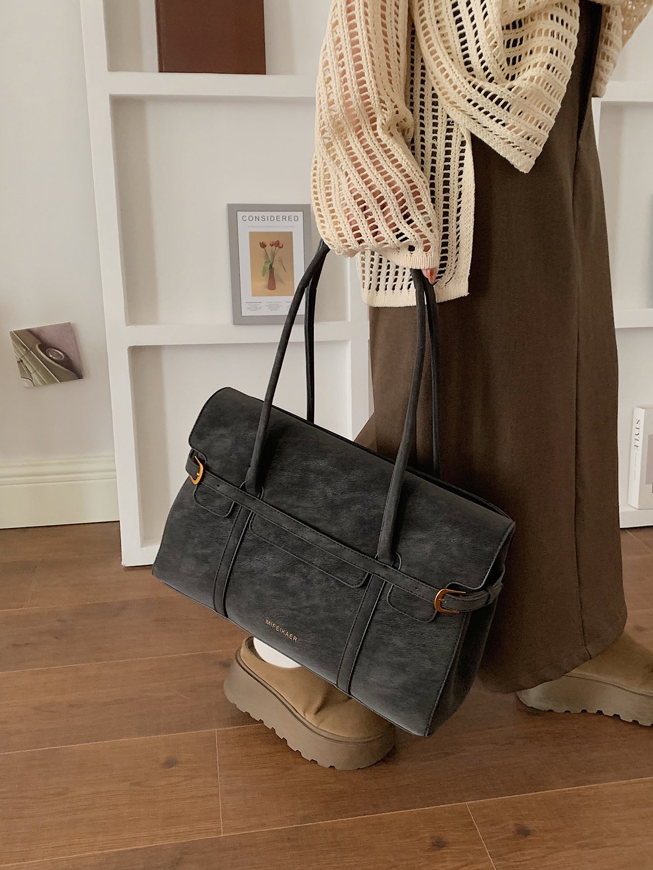 Black Solid Handbag with Buckle Detail