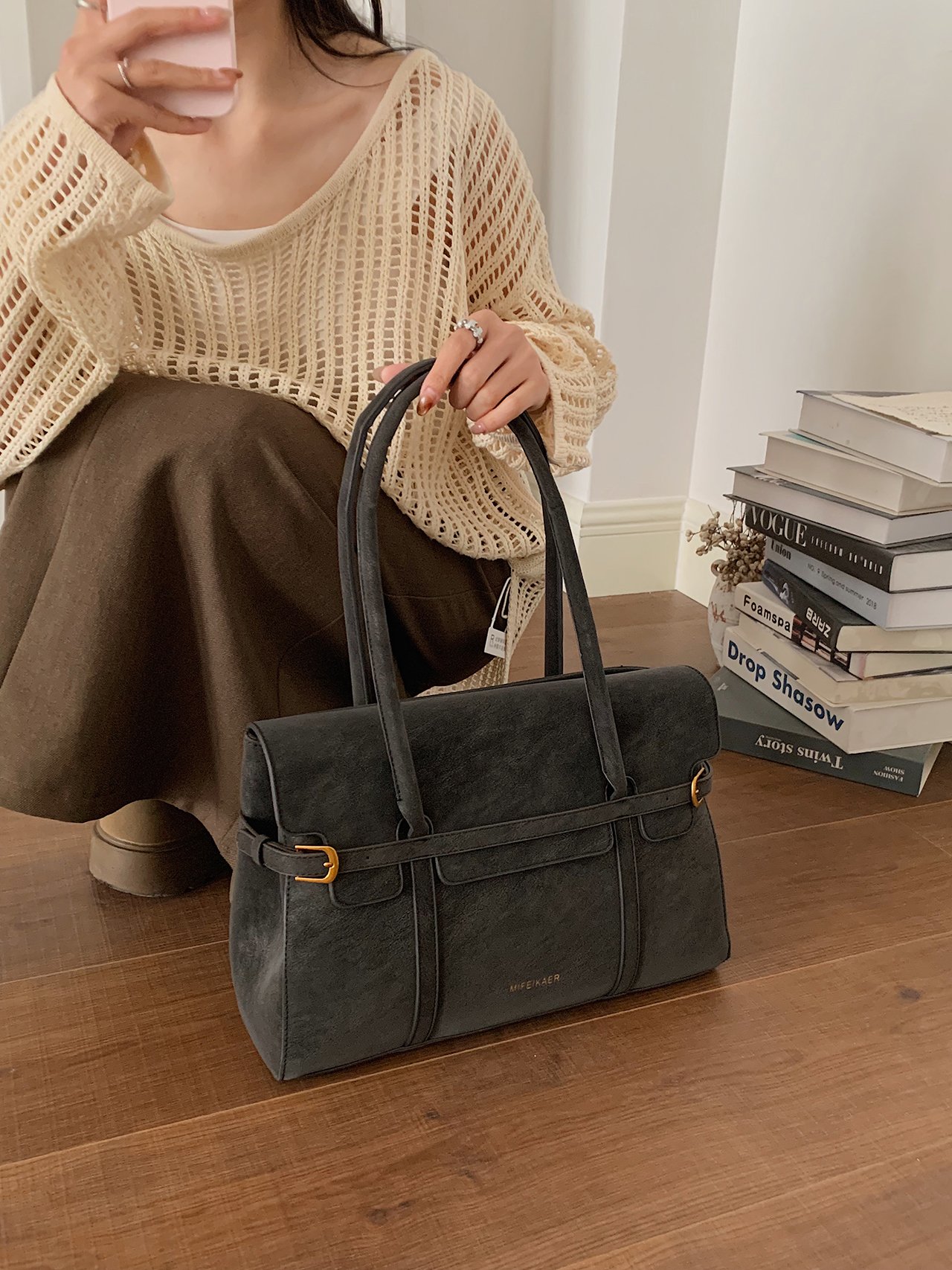 Black Solid Handbag with Buckle Detail