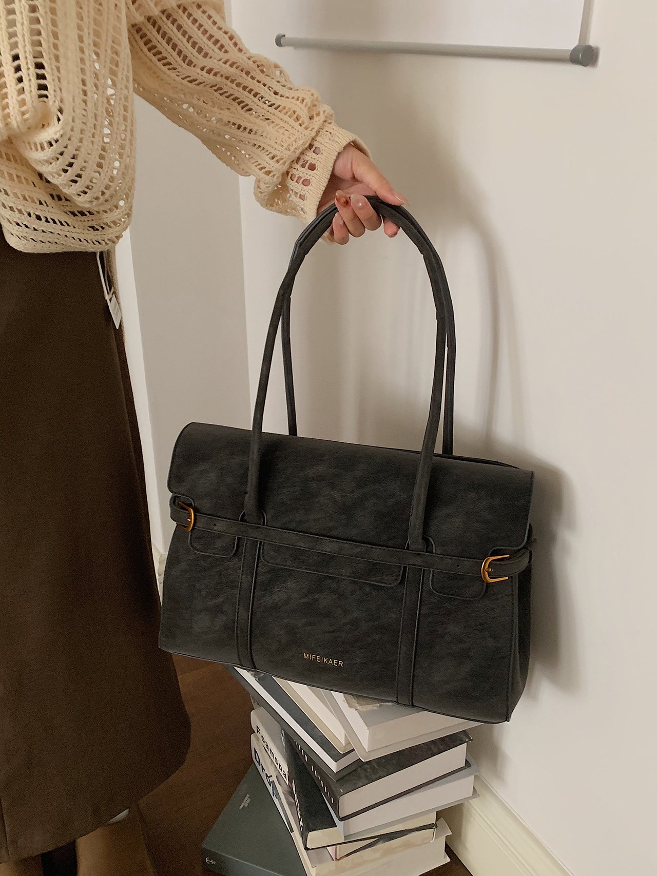 Black Solid Handbag with Buckle Detail