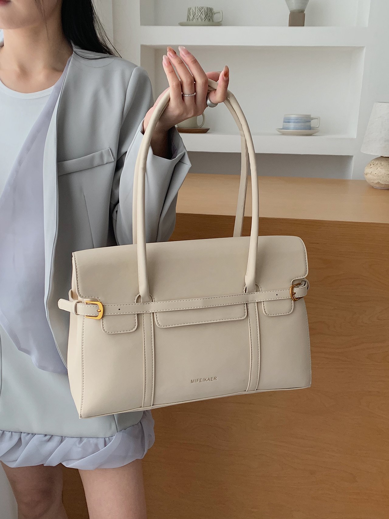 Beige Flap Tote Bag