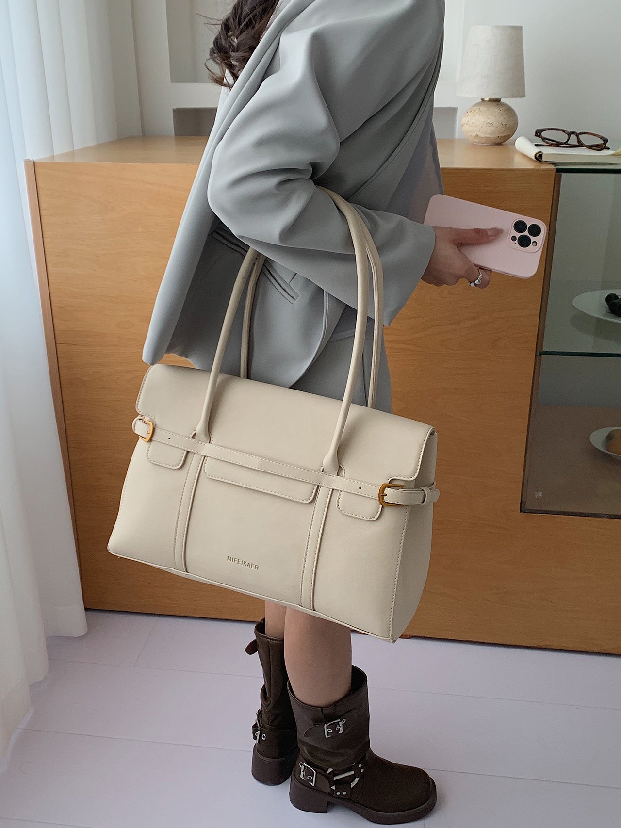 Beige Flap Tote Bag