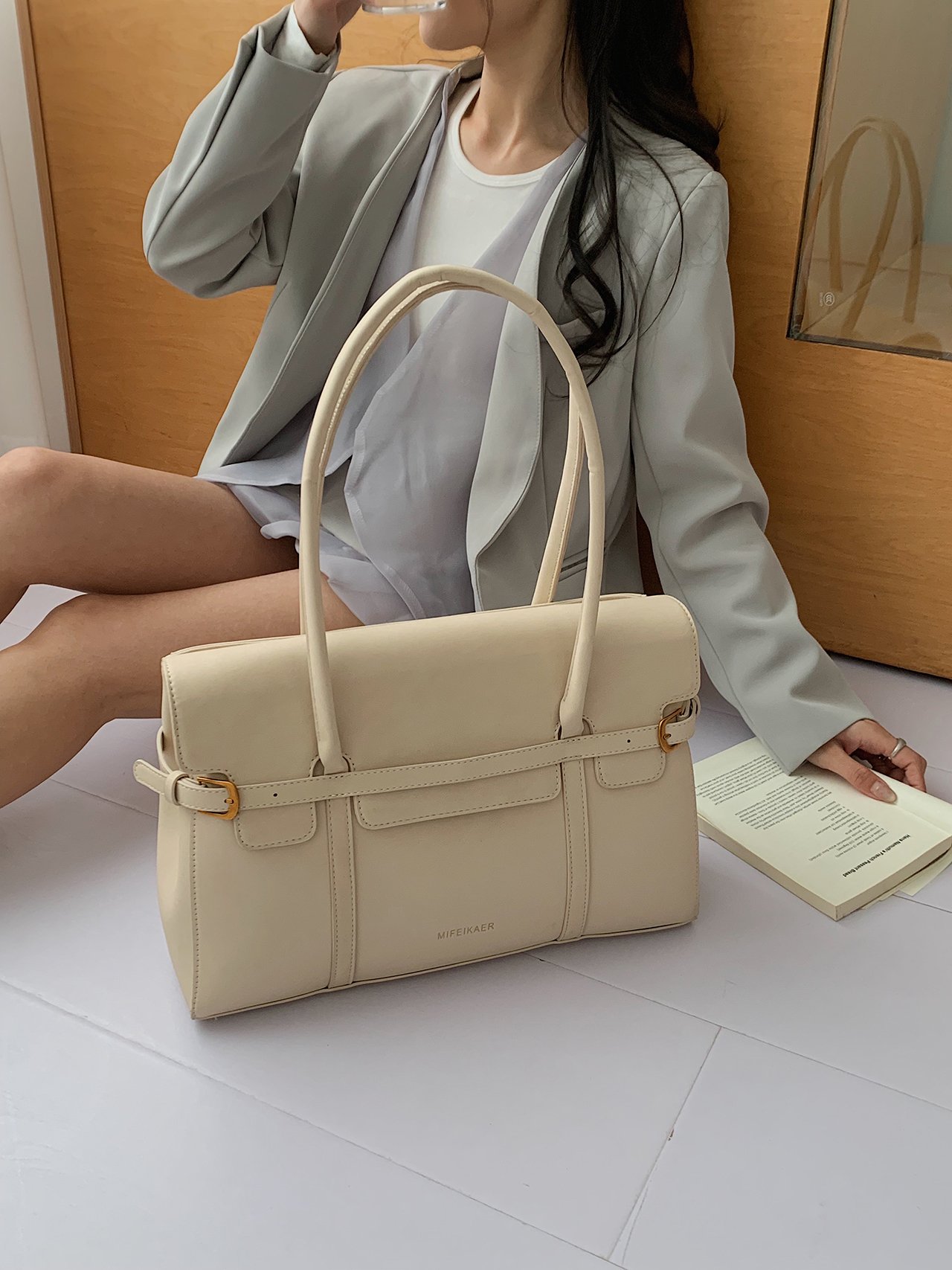 Beige Flap Tote Bag