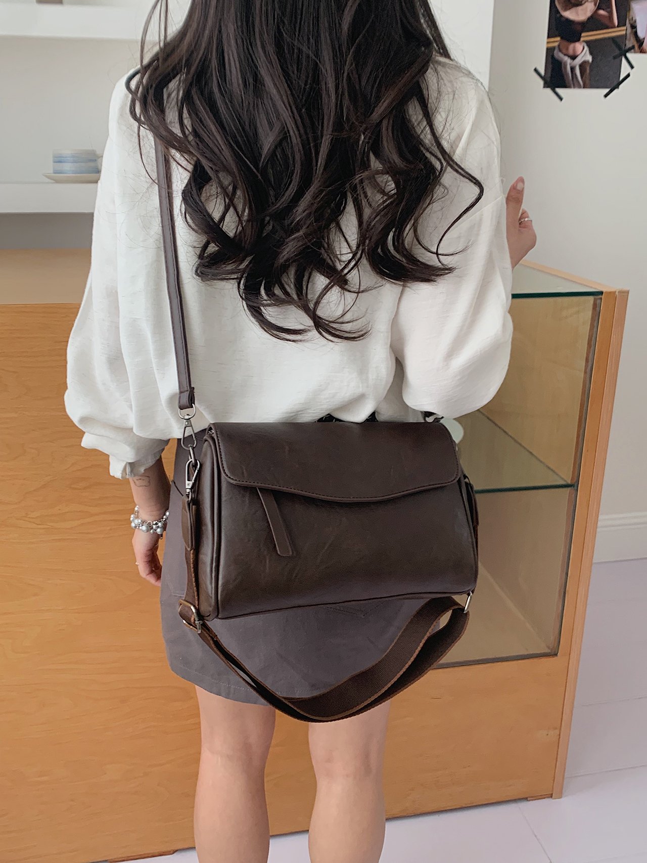 Coffee Brown Plain Crossbody Bag 
