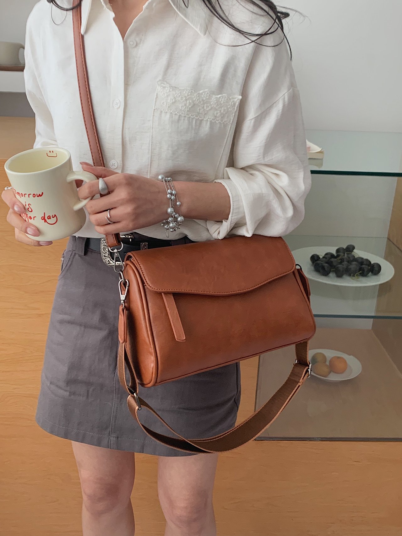 Brown Plain Crossbody Bag 