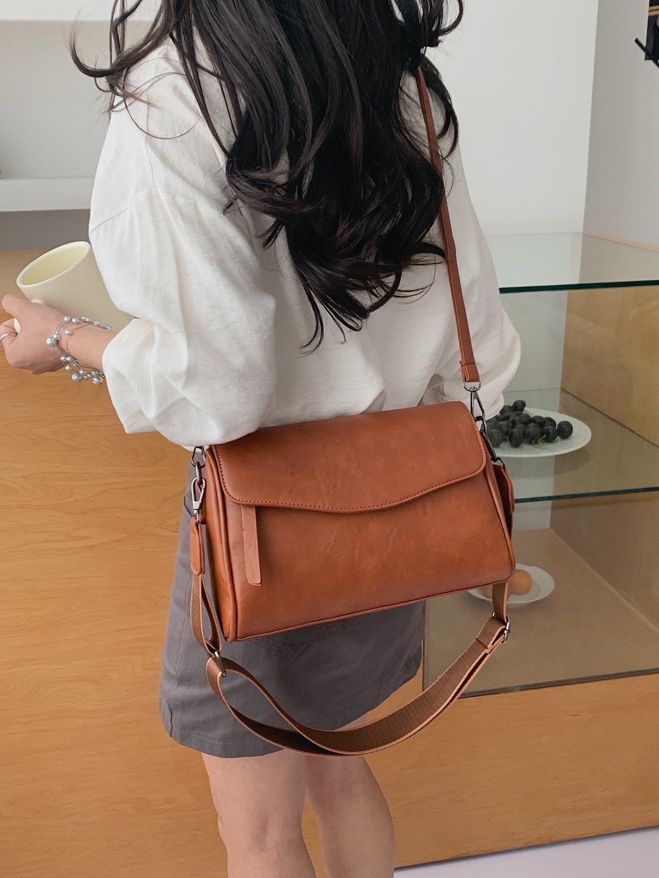 Brown Plain Crossbody Bag 
