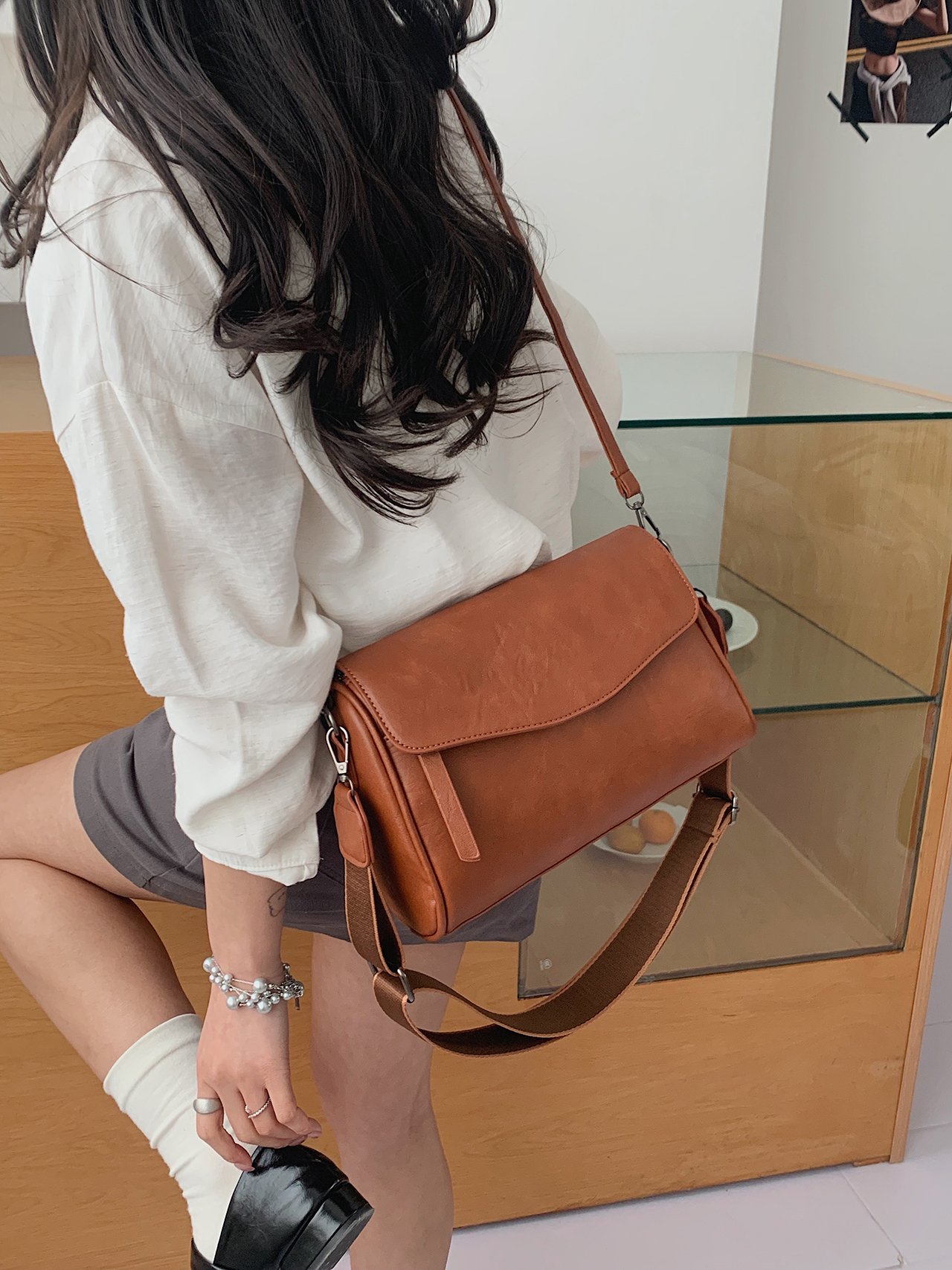 Brown Plain Crossbody Bag 