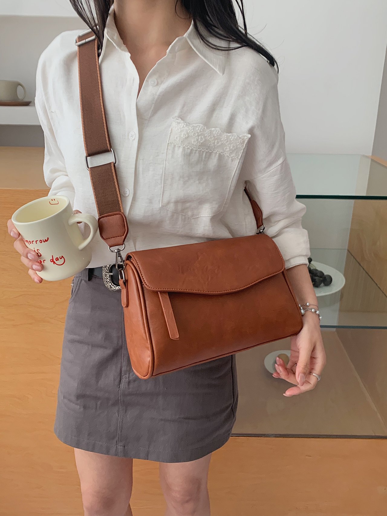 Brown Plain Crossbody Bag 