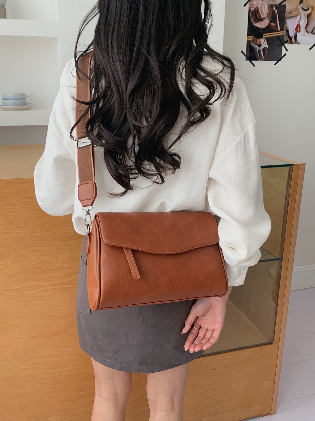 Brown Plain Crossbody Bag 