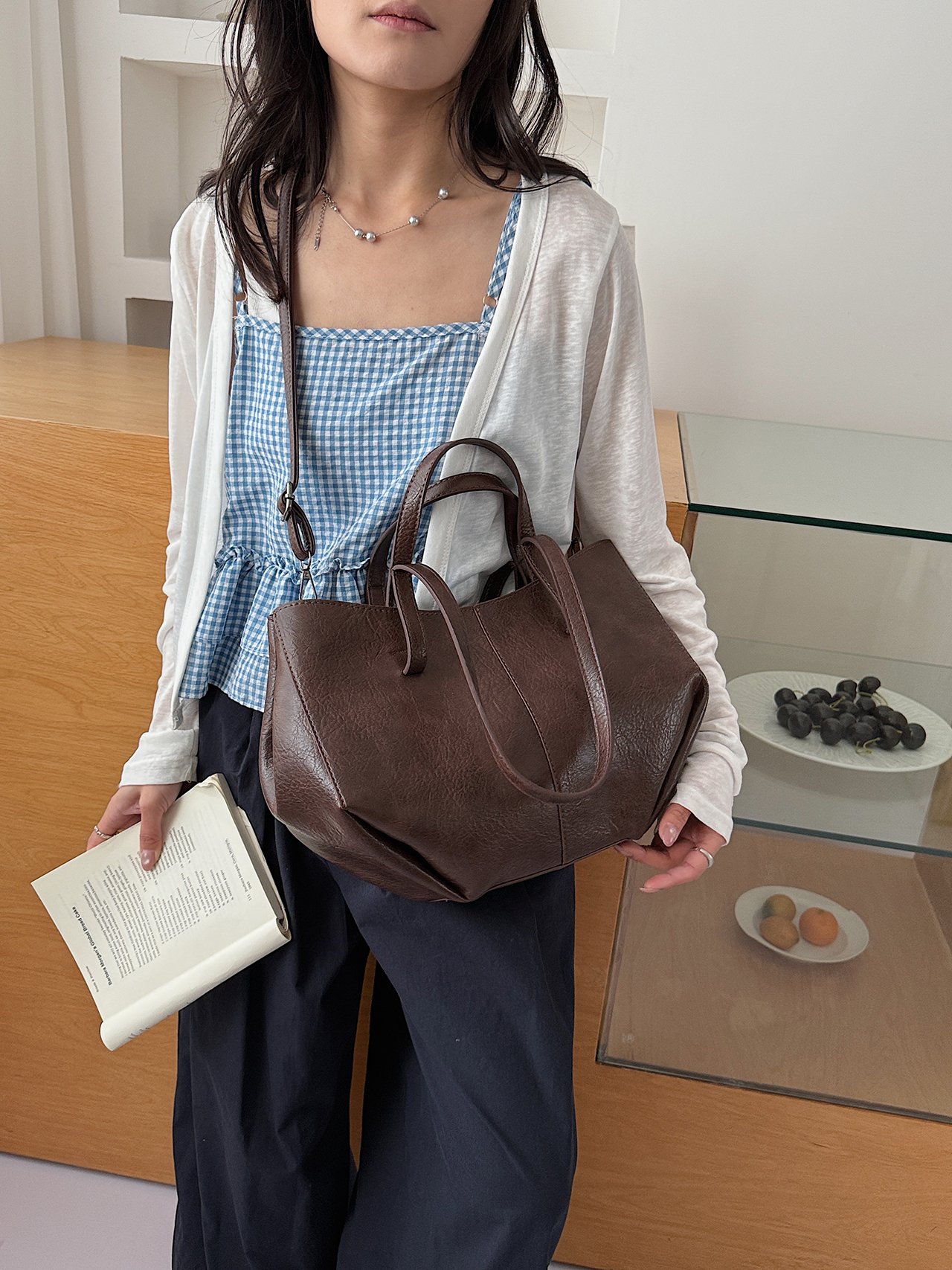 Coffee Brown Plain Crossbody Bag 