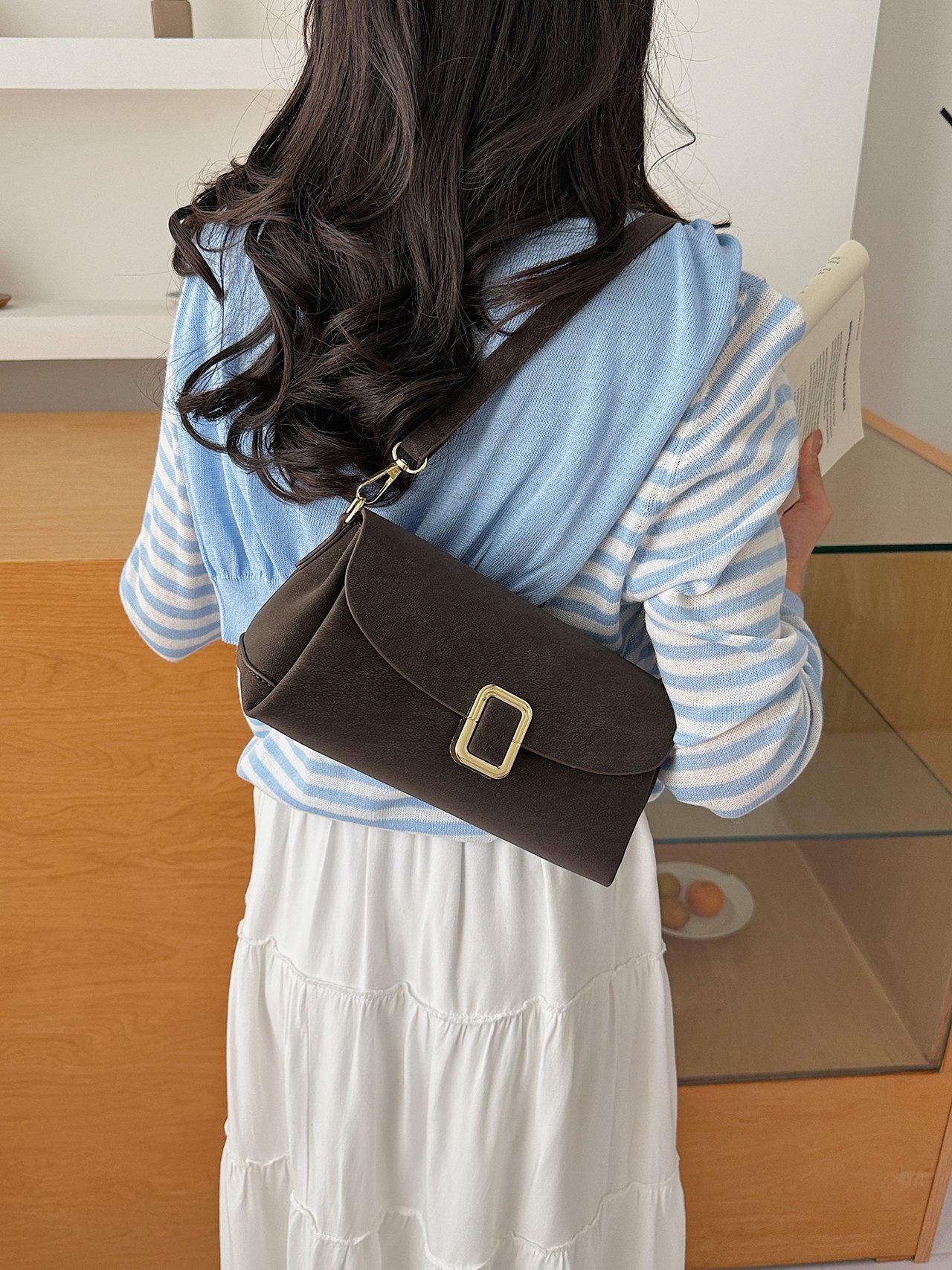 Coffee Brown Plain Shoulder Bag 