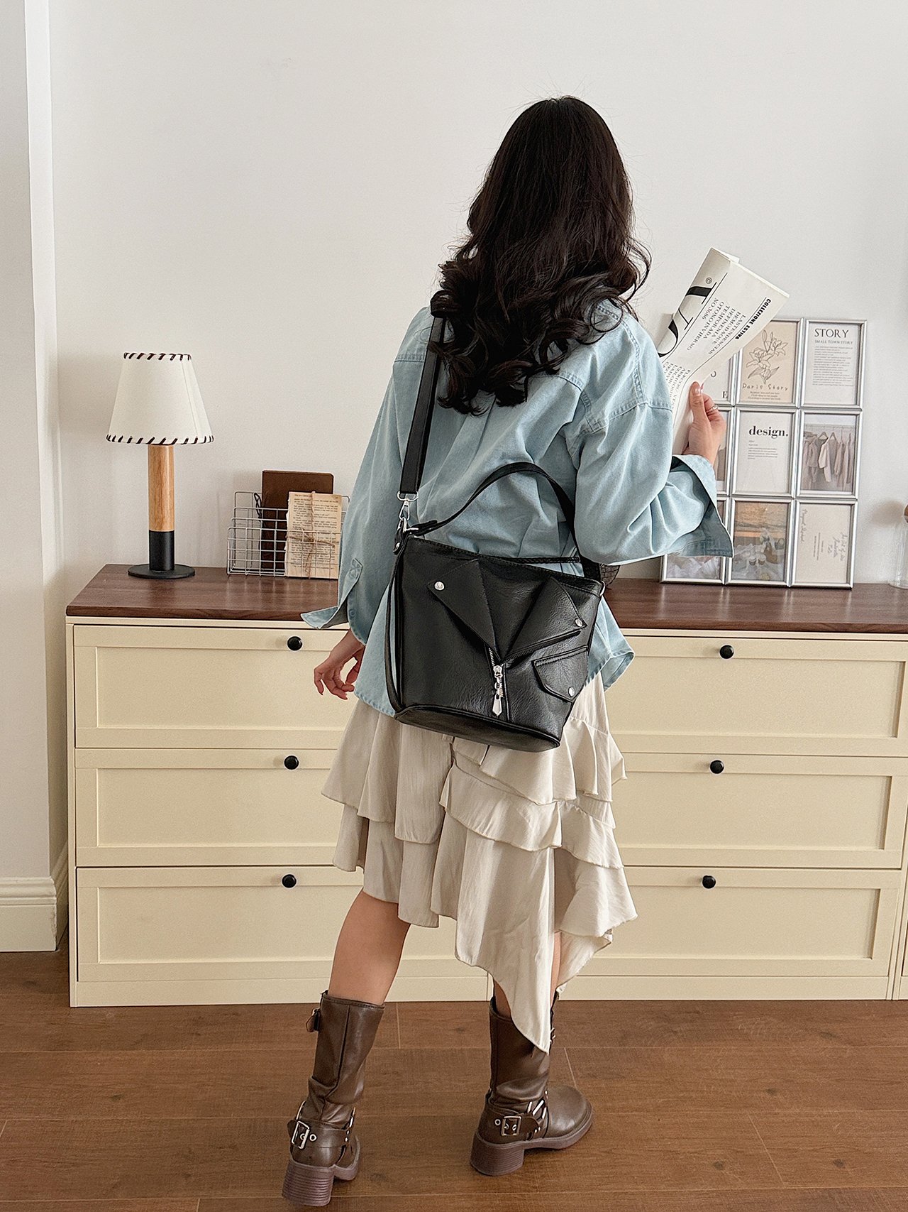 Black Crossbody Bag with Zipper Detail