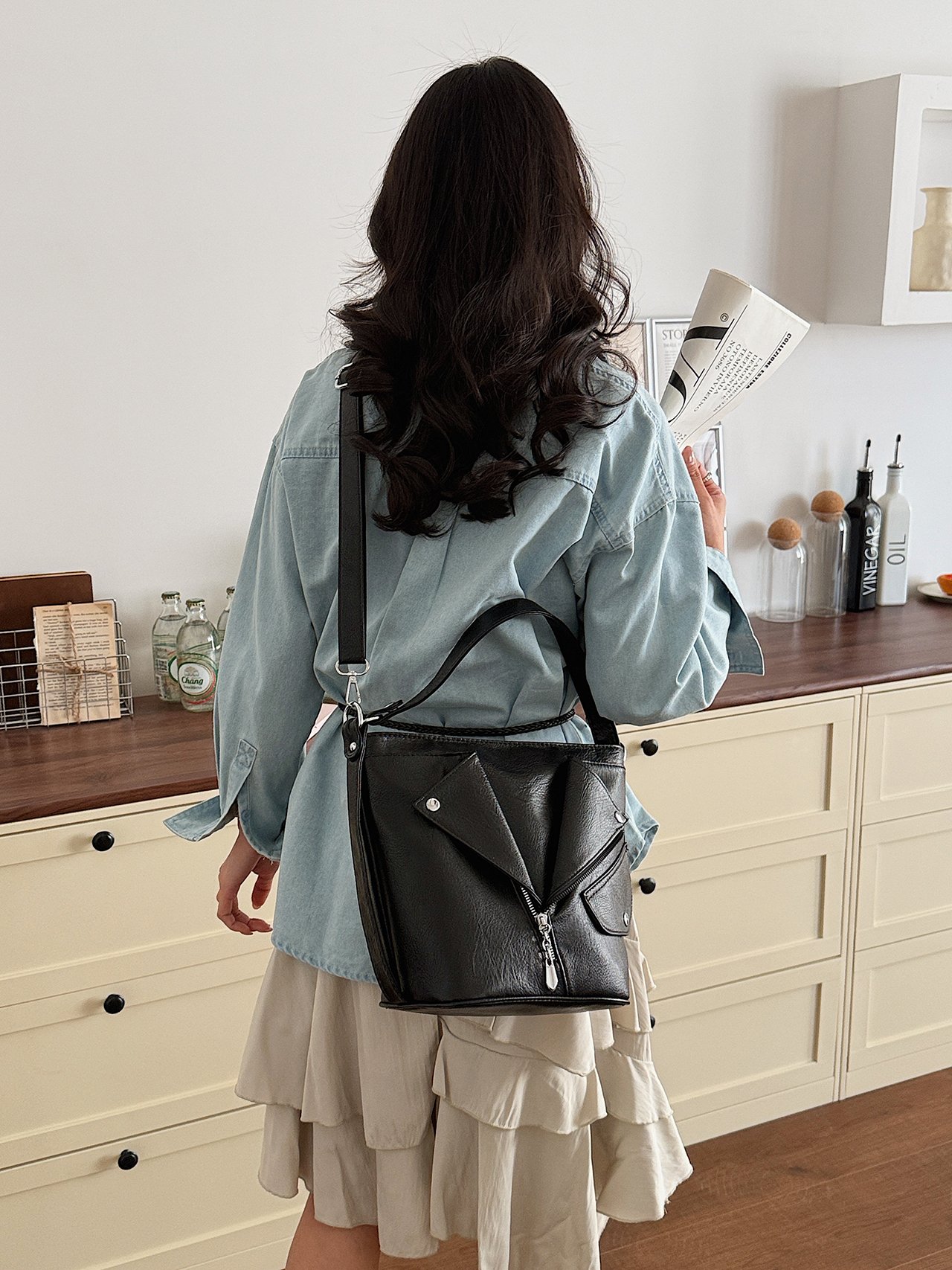 Black Crossbody Bag with Zipper Detail