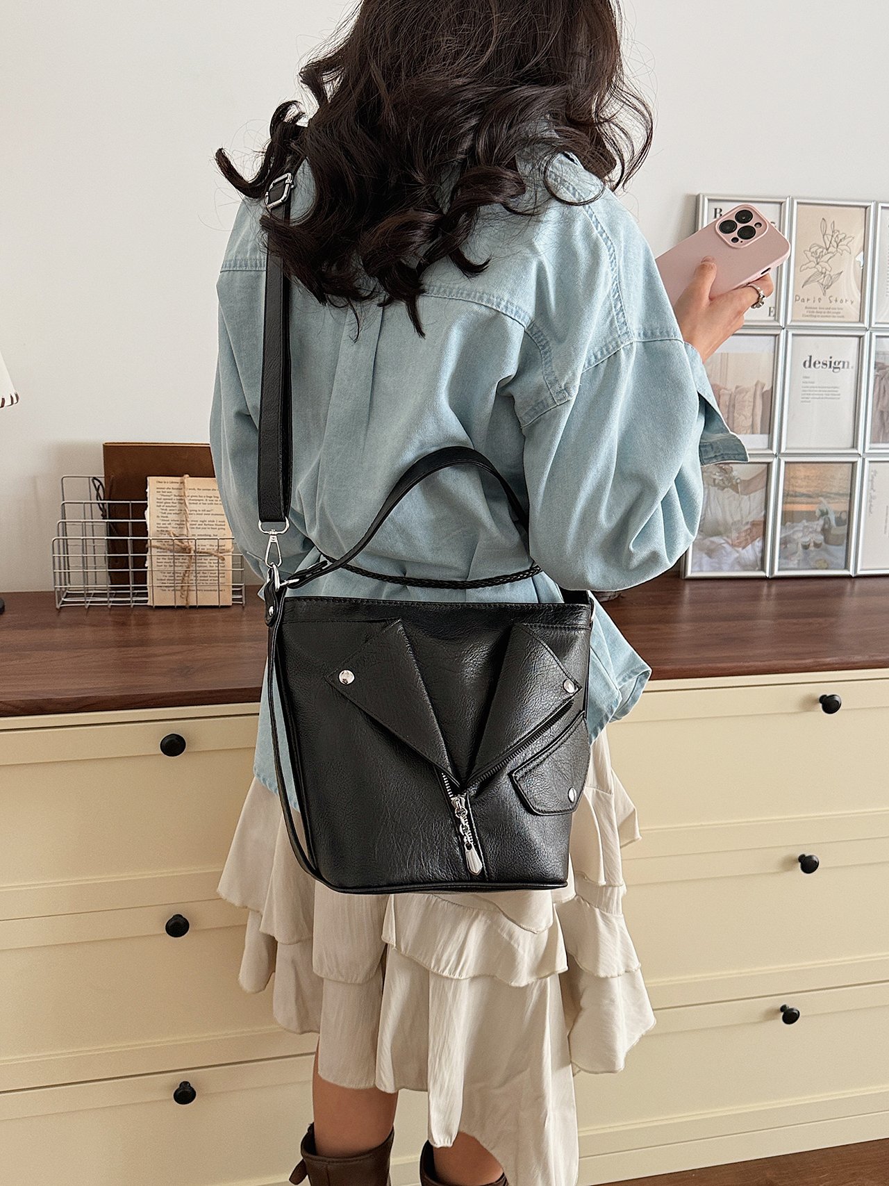 Black Crossbody Bag with Zipper Detail