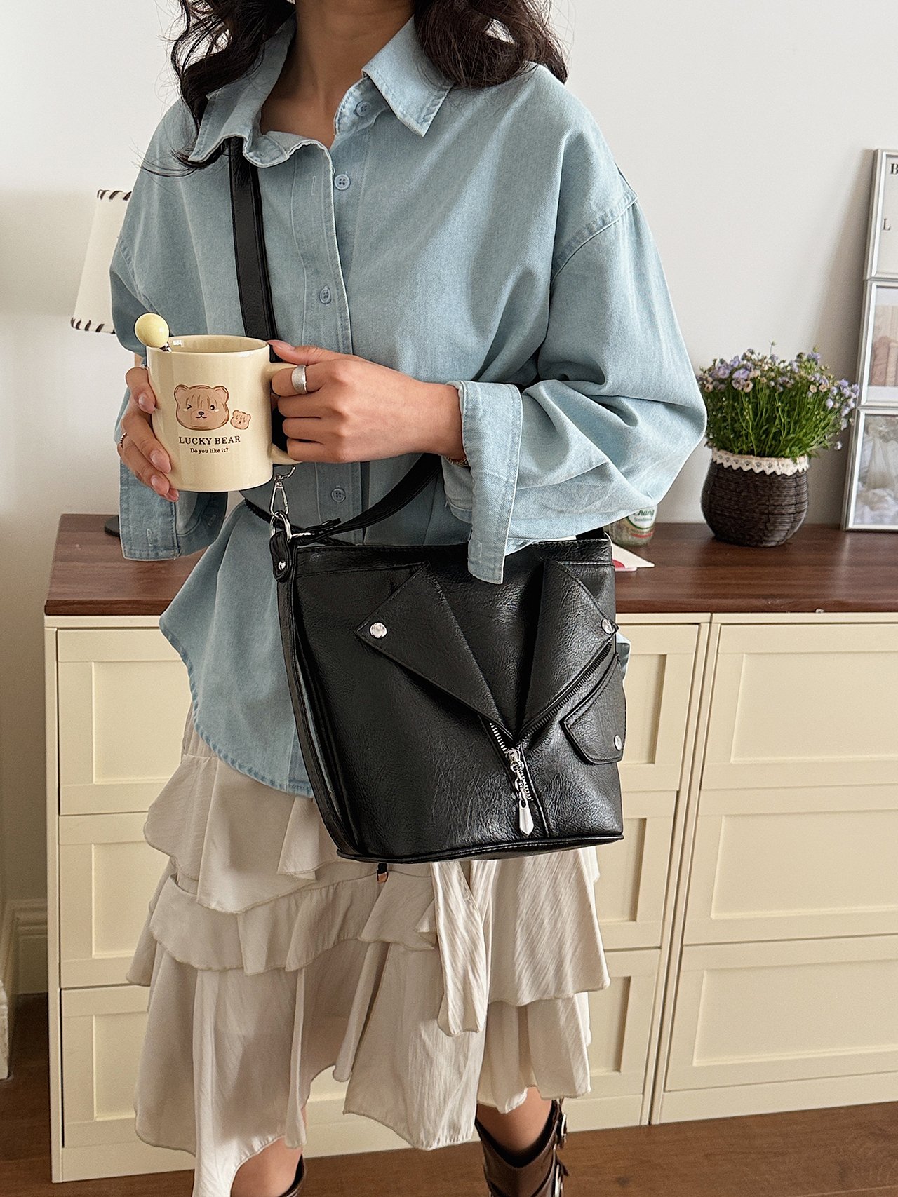 Black Crossbody Bag with Zipper Detail