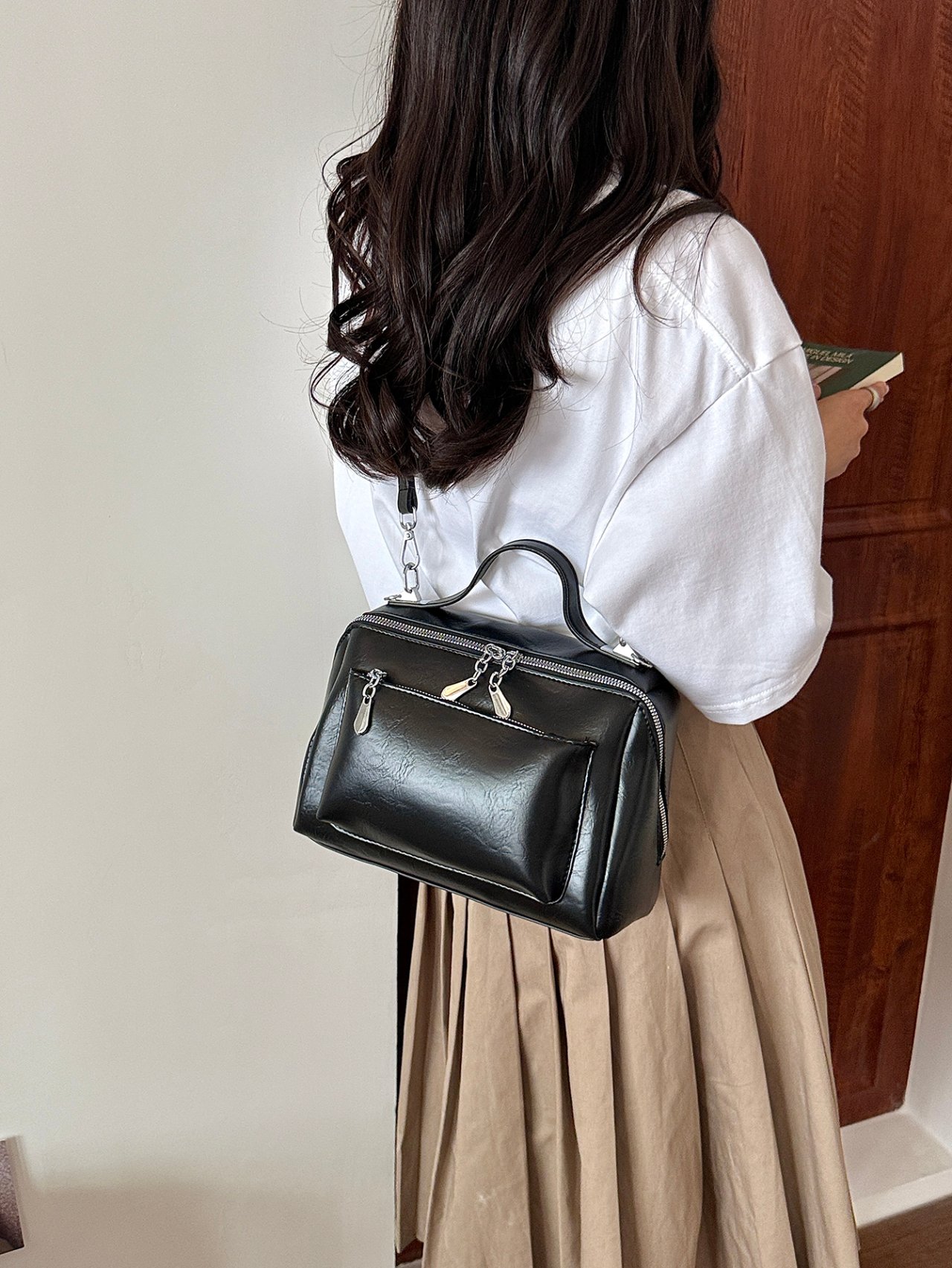 Black Crossbody Bag with Zipper Accents