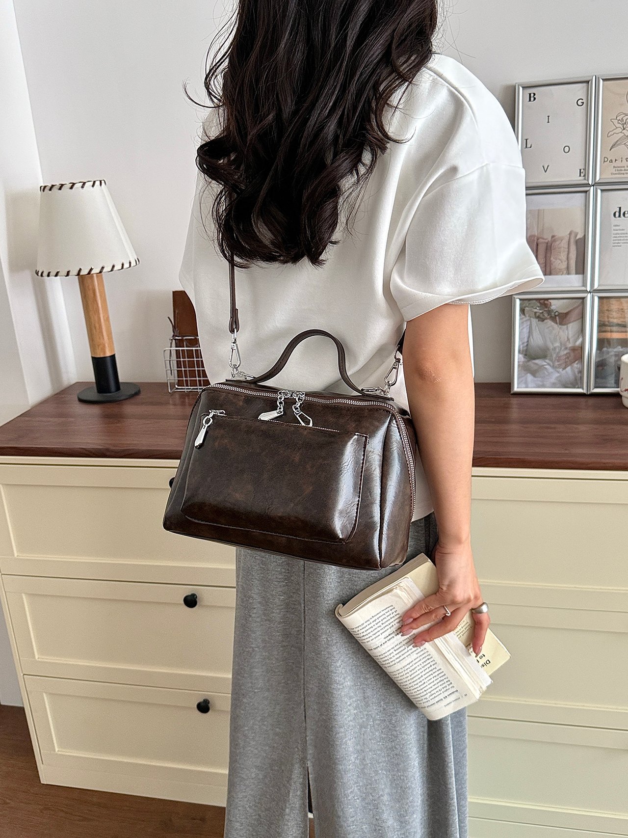 Coffee Brown Plain Crossbody Bag 