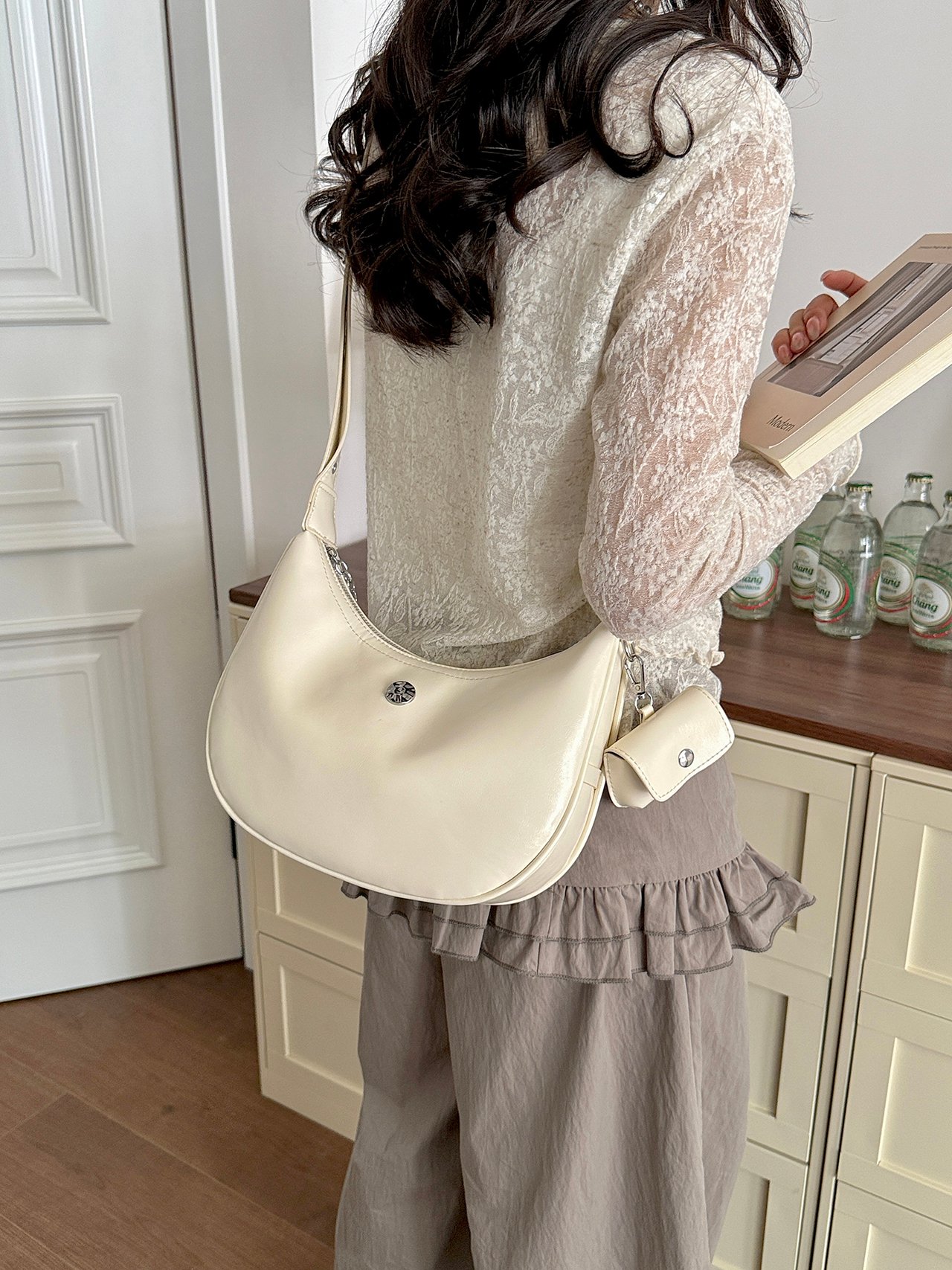 Off-White Crescent Crossbody Bag with Mini Pouch