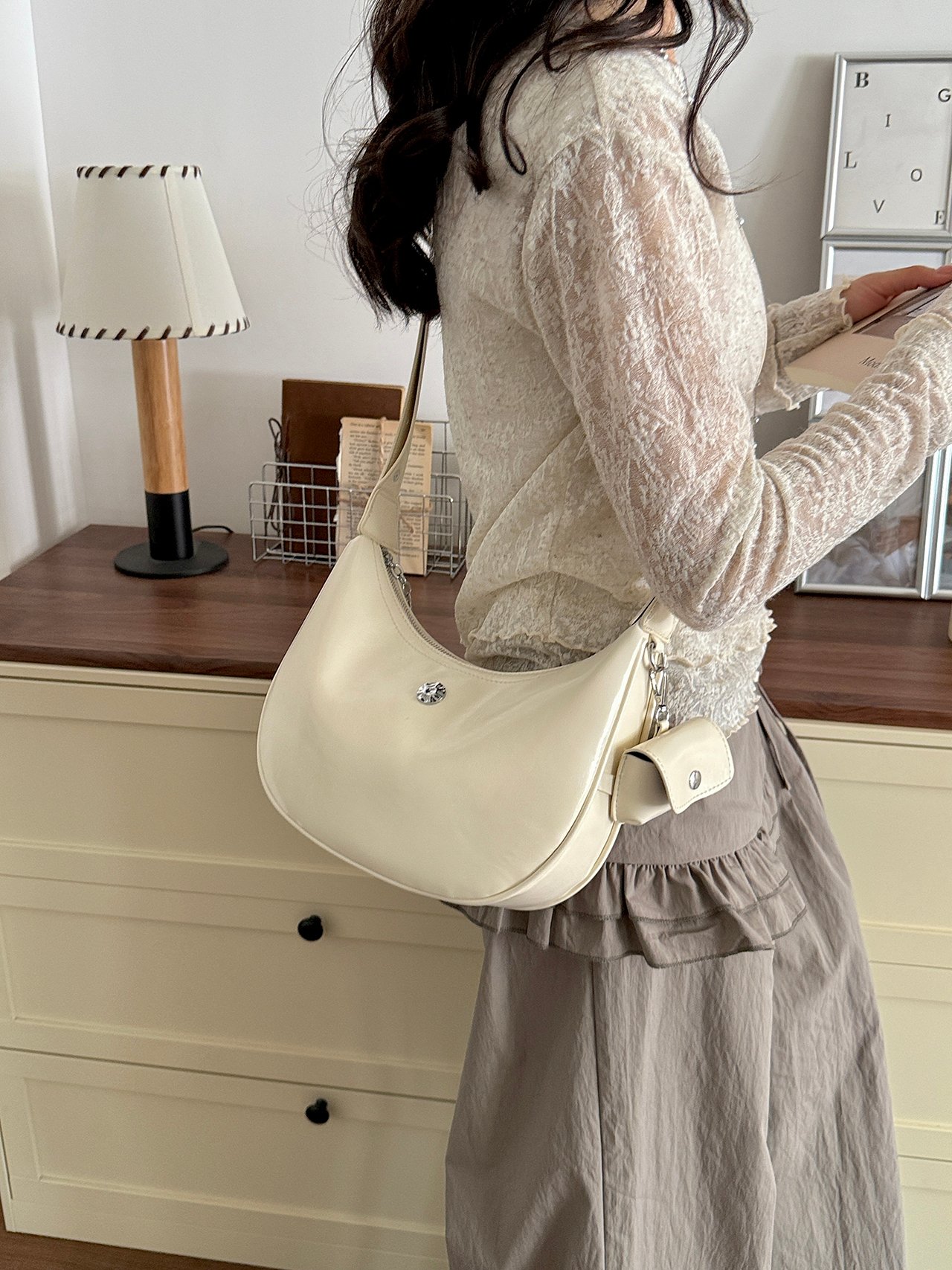 Off-White Crescent Crossbody Bag with Mini Pouch