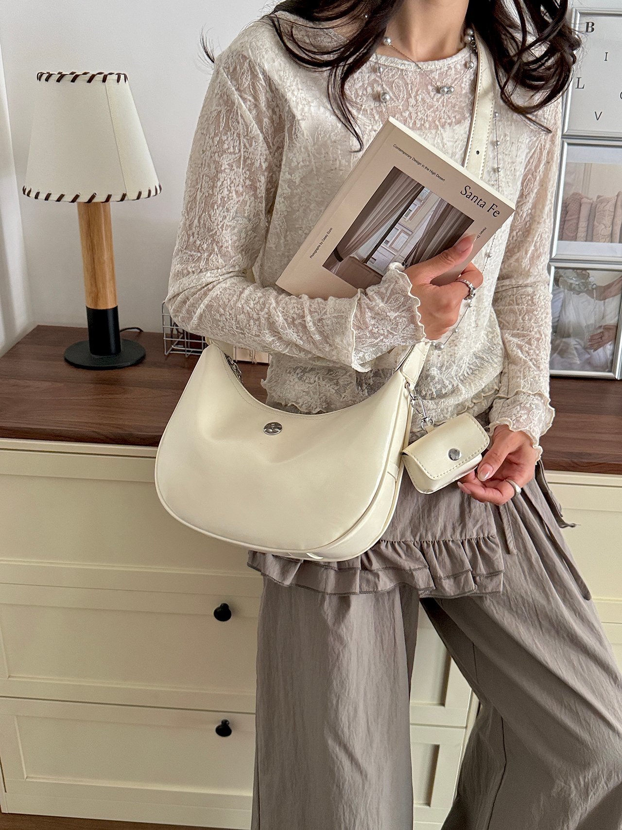 Off-White Crescent Crossbody Bag with Mini Pouch