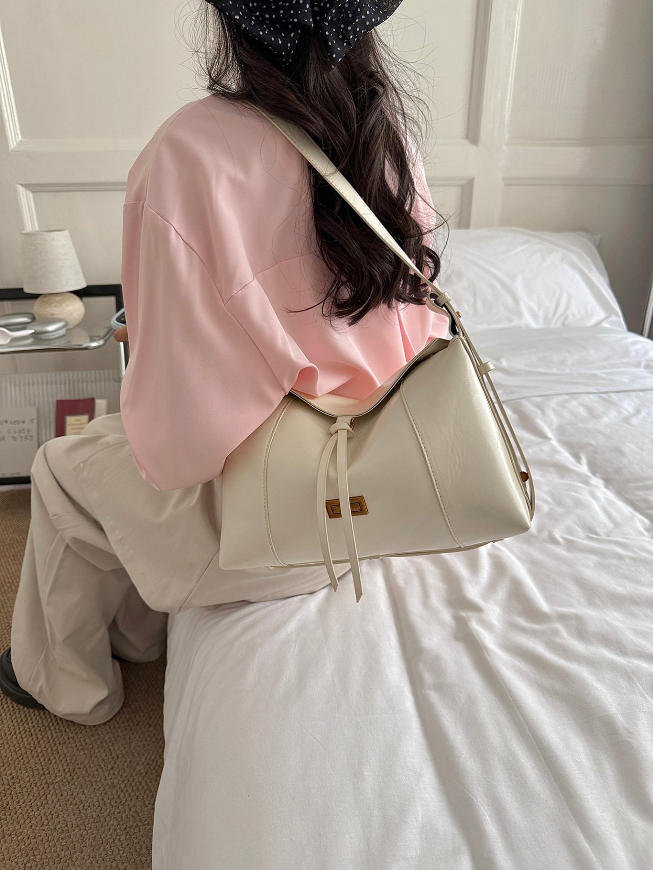 Beige Plain Shoulder Bag