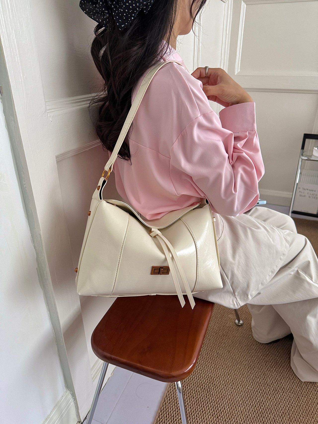 Beige Plain Shoulder Bag